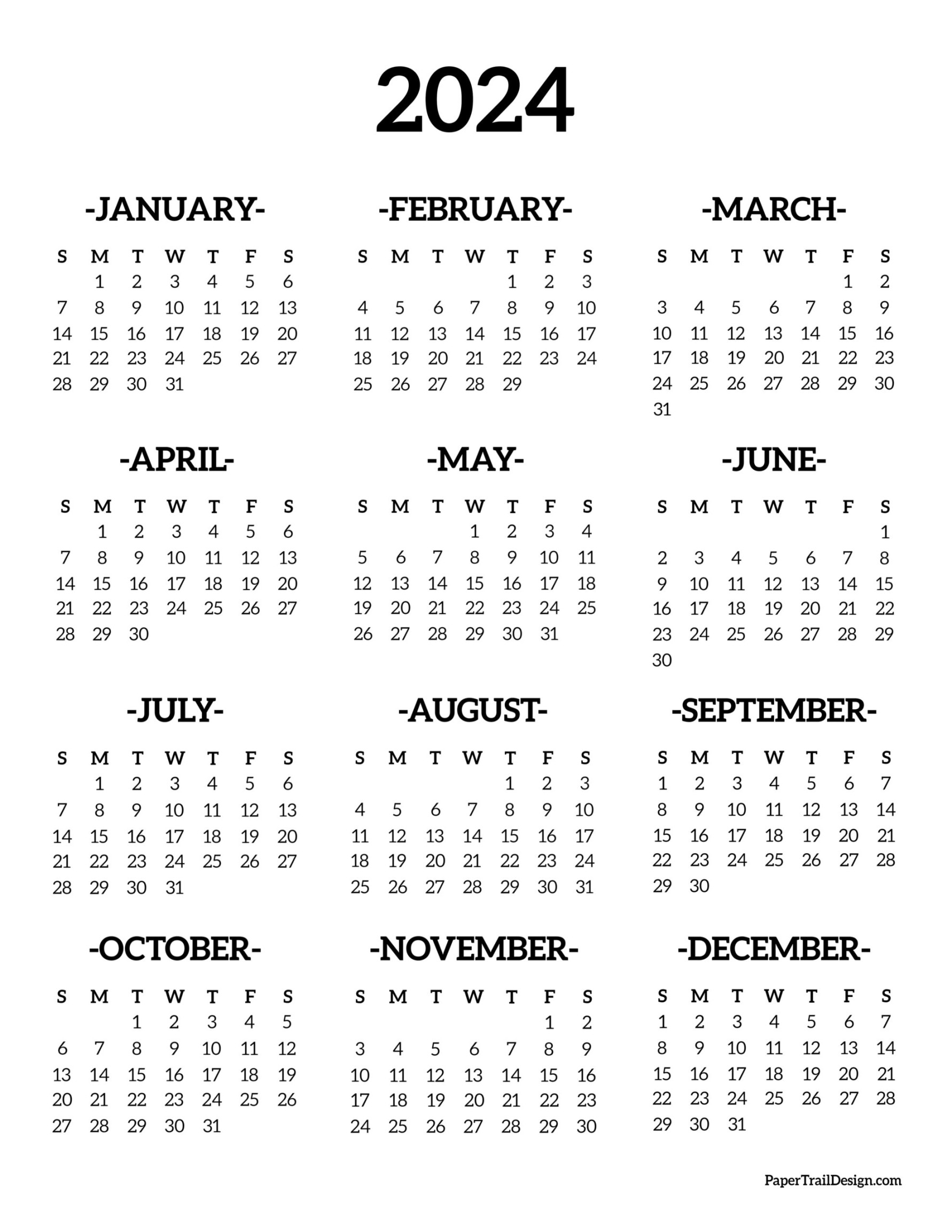 Calendar  Printable One Page - Paper Trail Design
