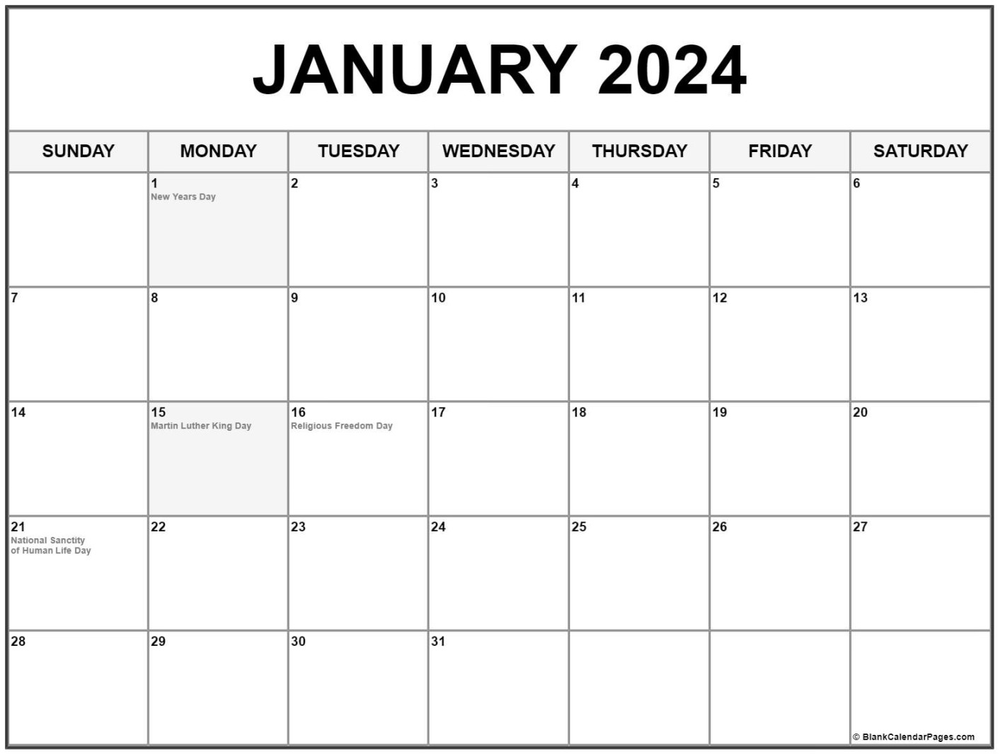 January  with holidays calendar