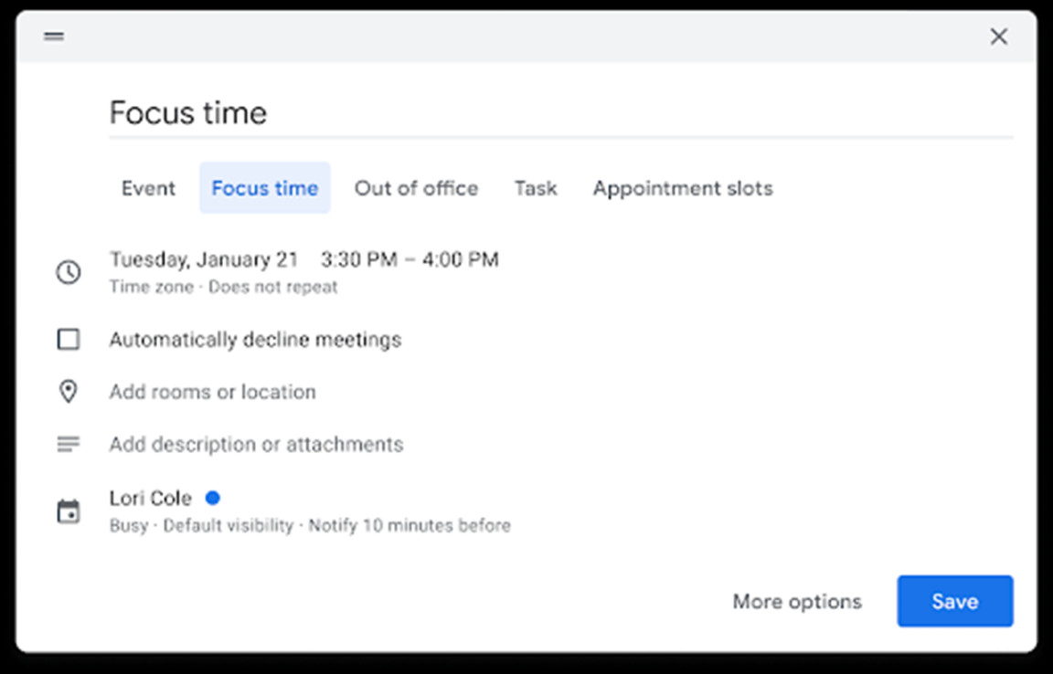 New focus time feature in Google Calendar auto-declines