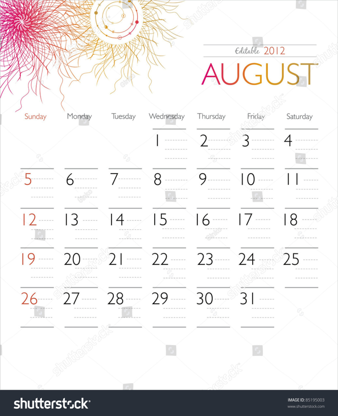 Vector Calendar  August Stock Vector (Royalty Free)