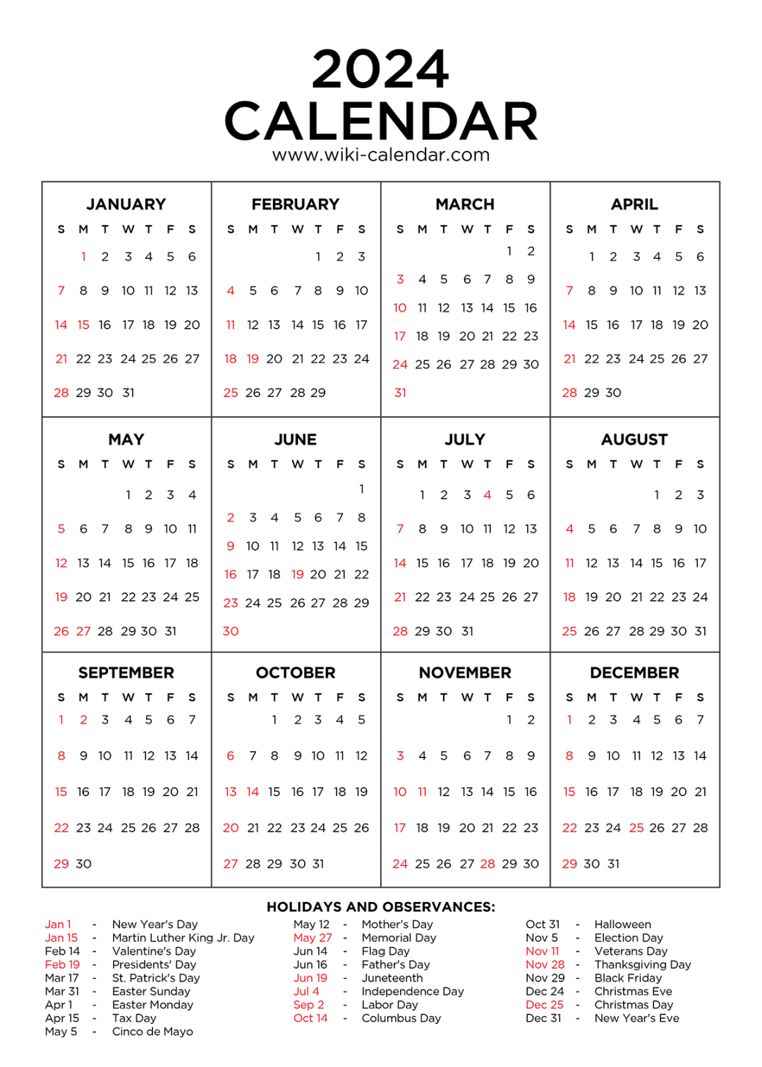 Year  Calendar Printable with Holidays - Wiki Calendar