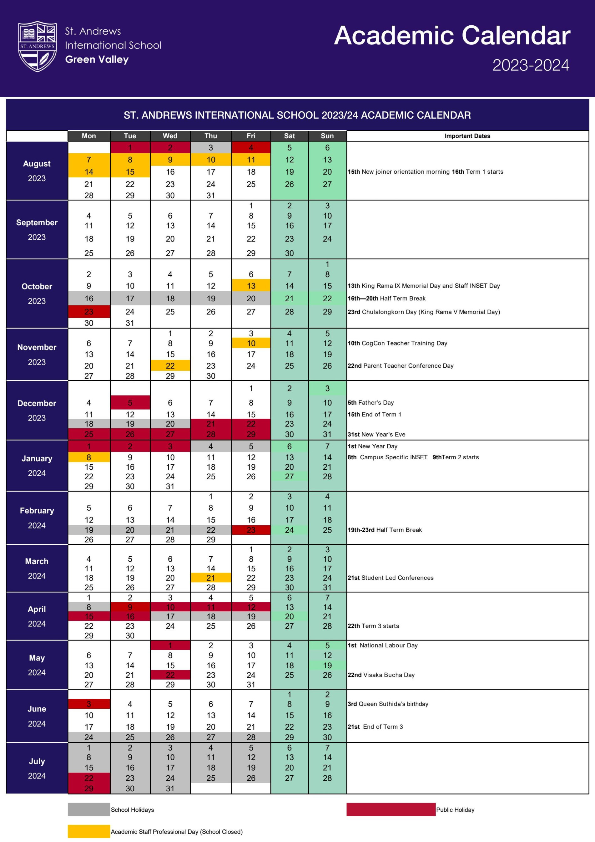 Academic Calendar - by St Andrews International School
