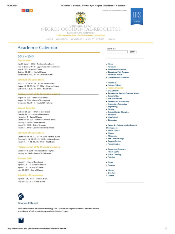 Academic Calendar - University of Negros Occidental - Recoletos