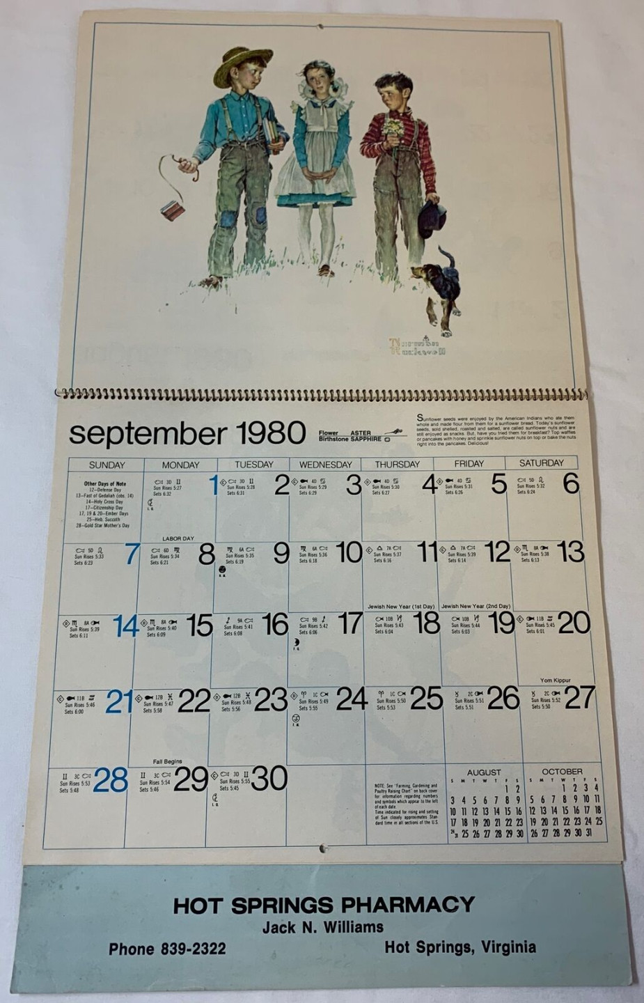 advertising calendar NORMAN ROCKWELL ~ unmarked ~ Hot Springs  Pharmacy, VA