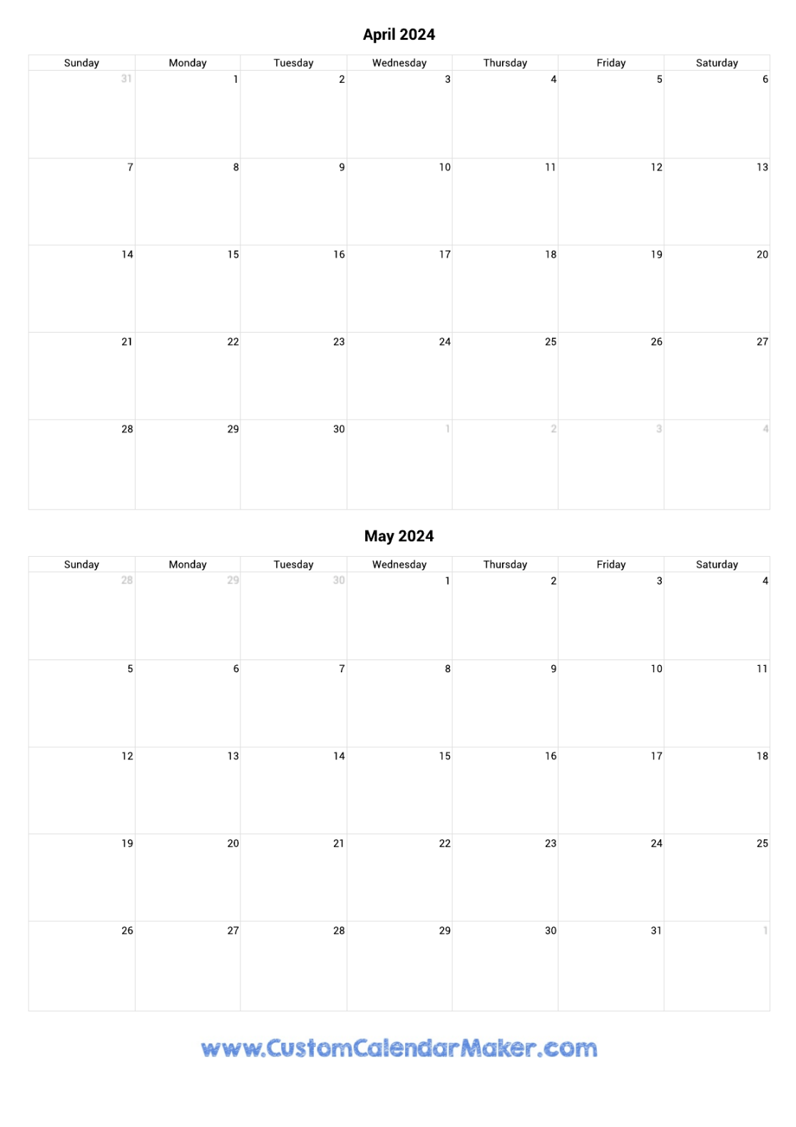 April and May  Calendar