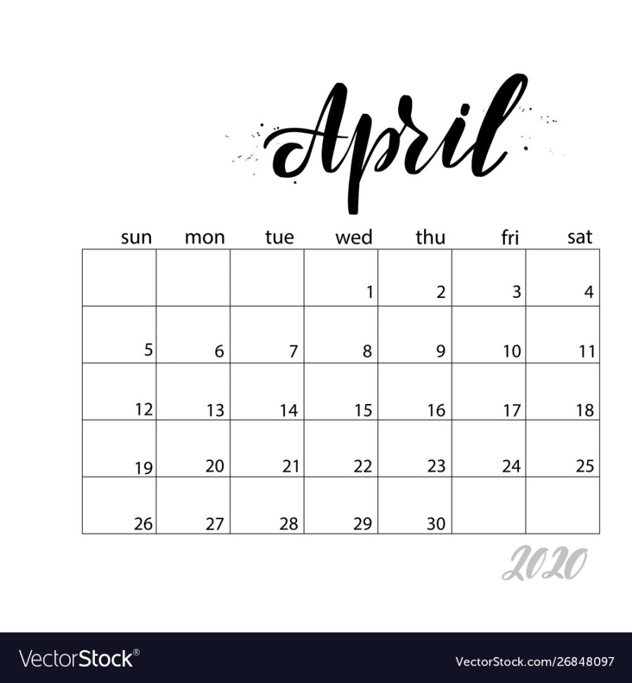 April monthly calendar for  year Royalty Free Vector