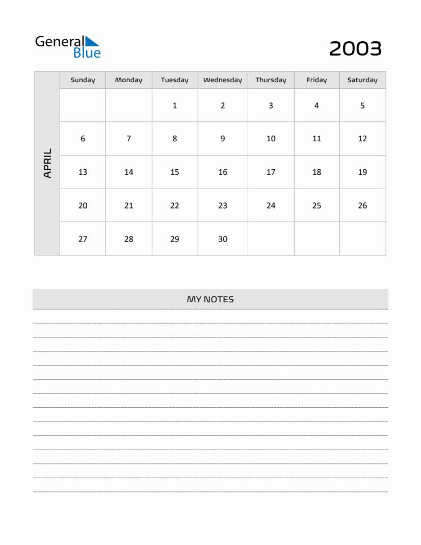 April  Printable Monthly Calendar with Notes