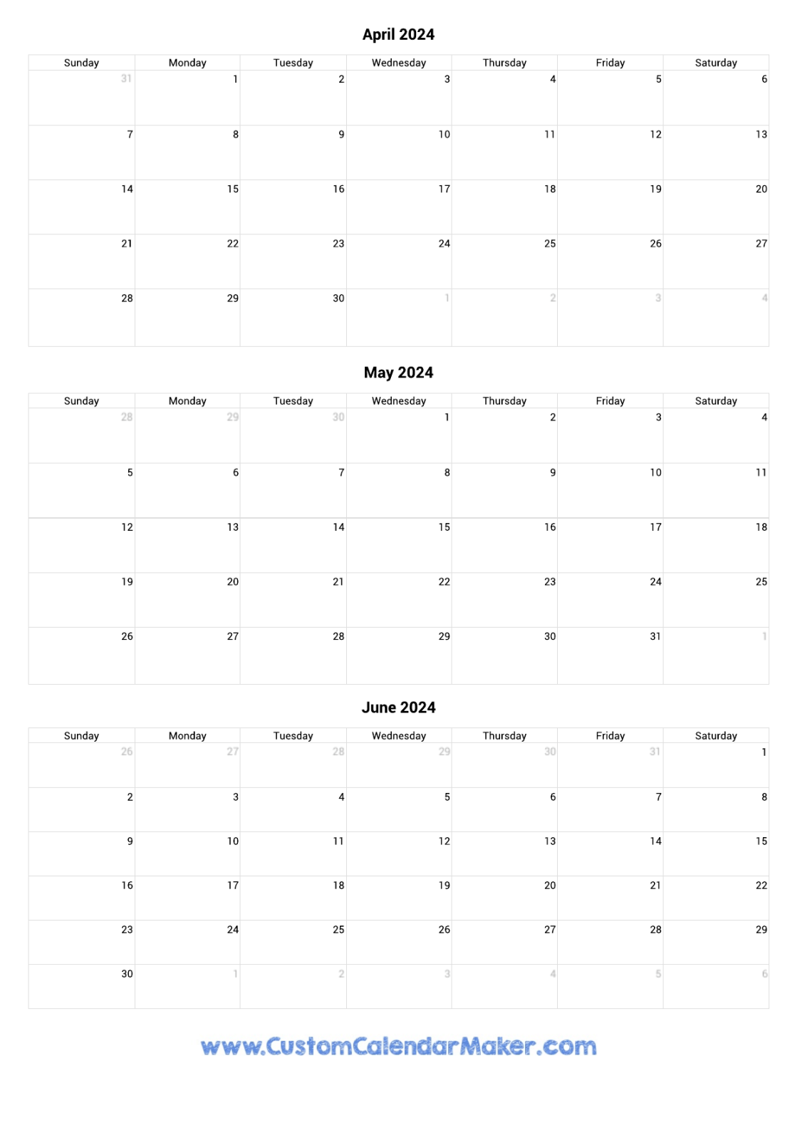 April to June  Calendar Printable