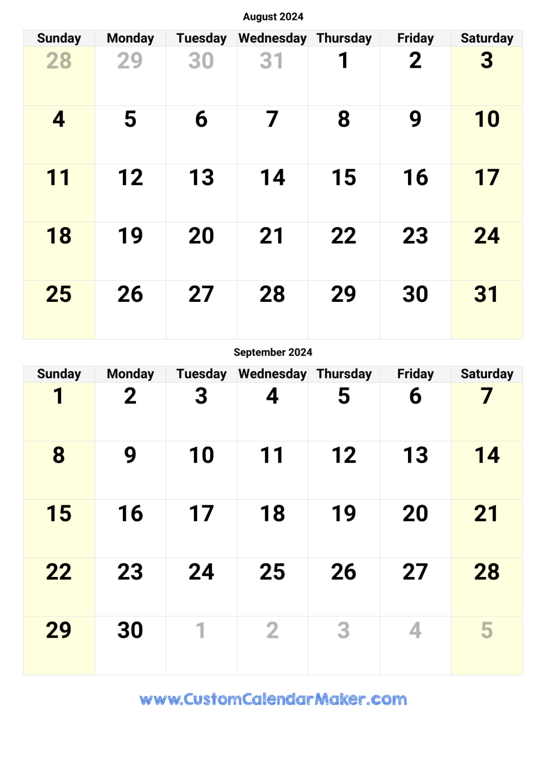 August and September  Printable Calendar Template