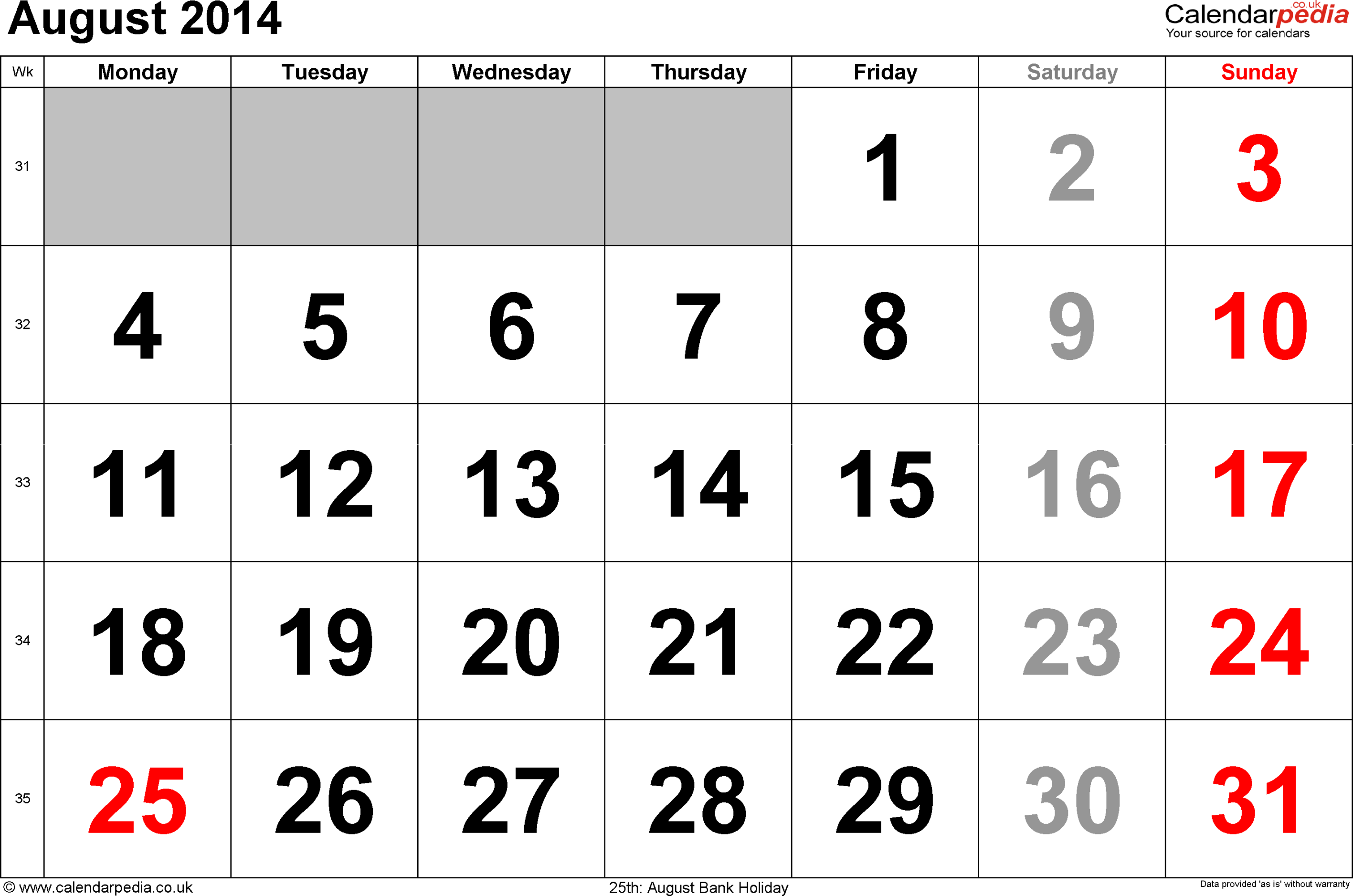 2014 Calendar Of August