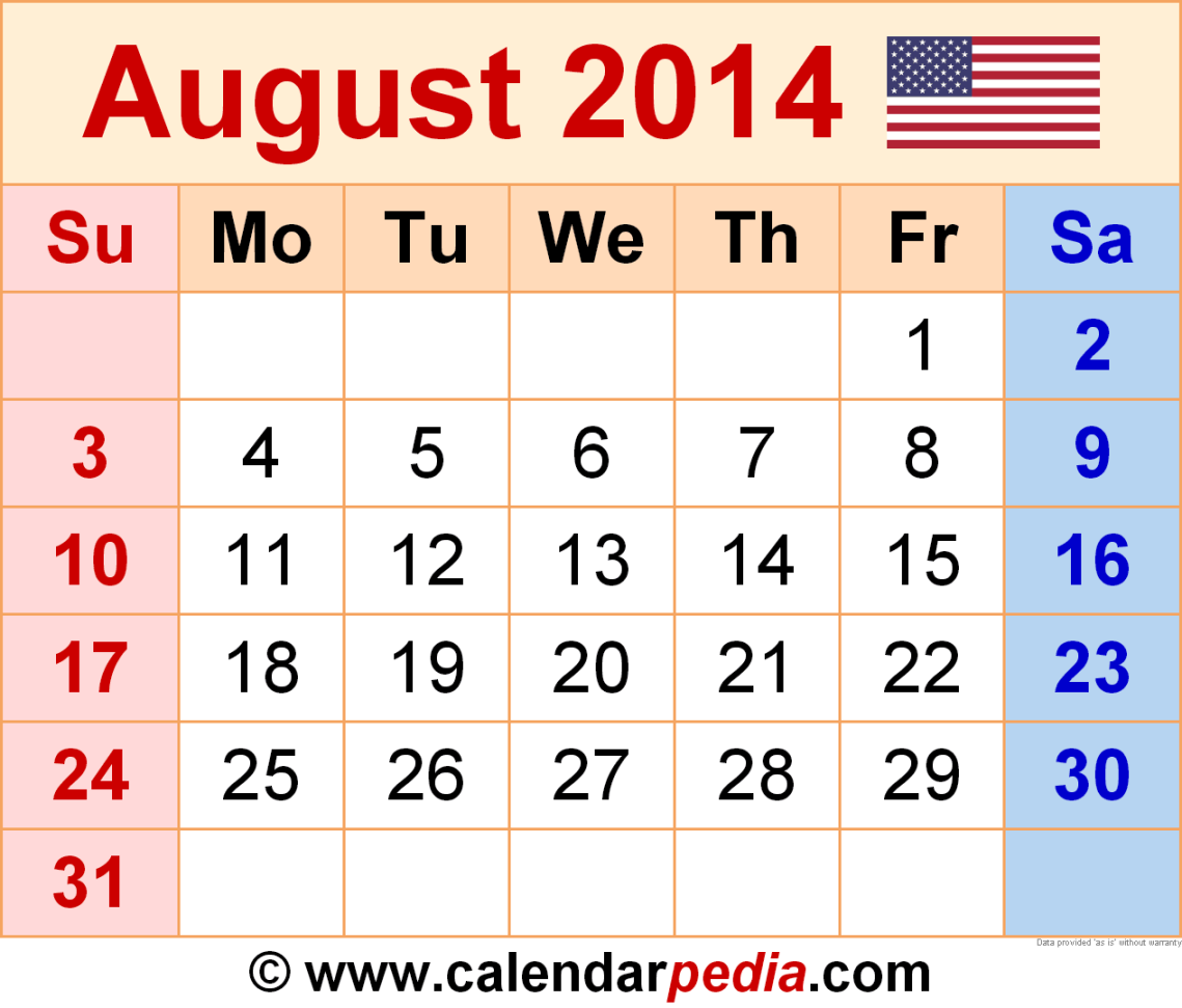 August  Calendar  Templates for Word, Excel and PDF