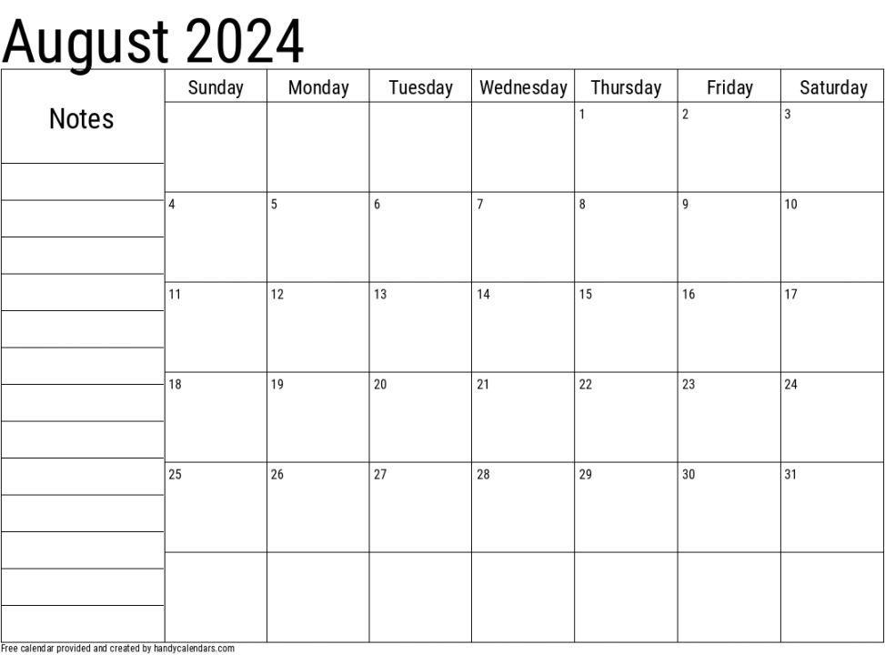 August  Calendar With Notes - Handy Calendars