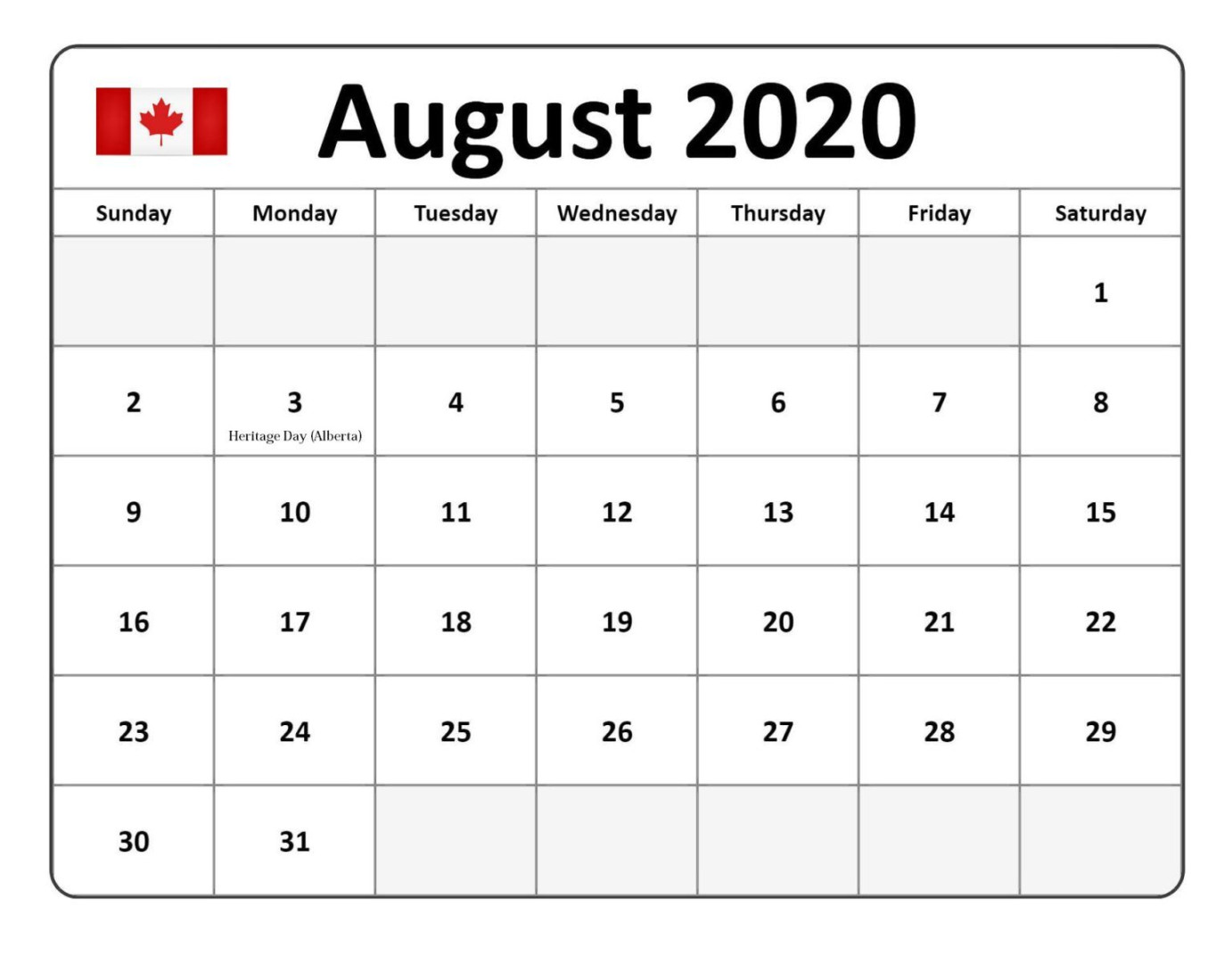 August 20 20 Calendar