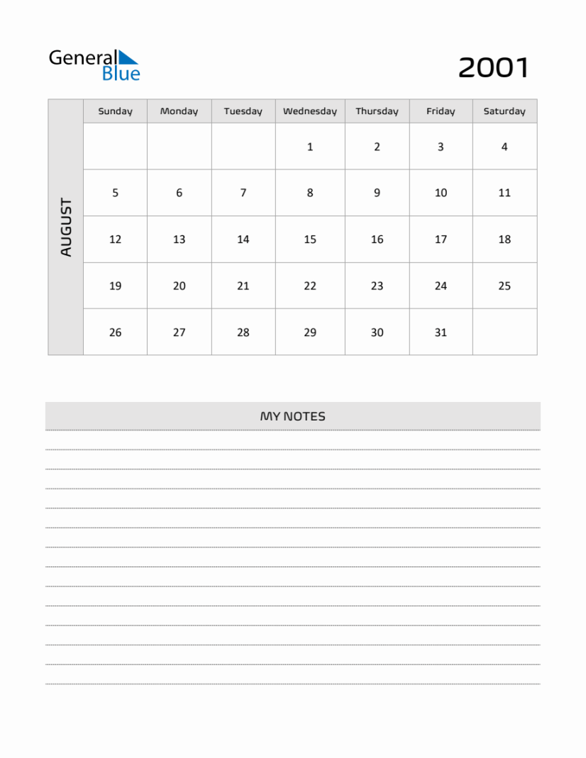 August  Printable Monthly Calendar with Notes