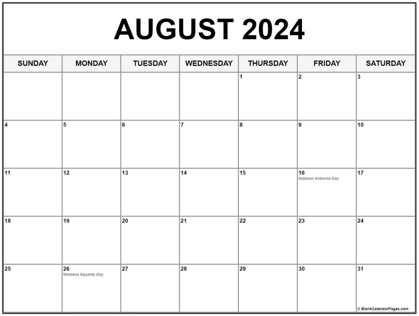 August  with holidays calendar
