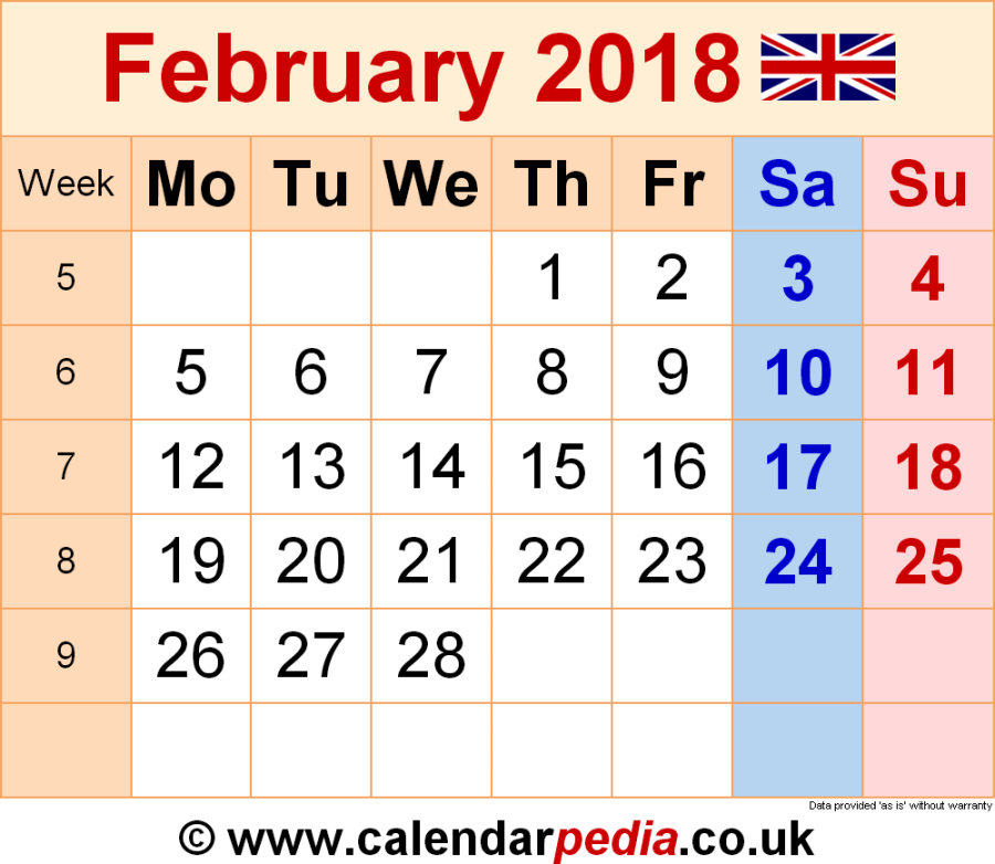 Calendar February  UK with Excel, Word and PDF templates