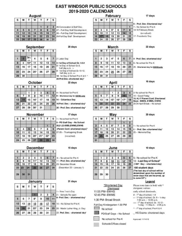 Calendar for East Windsor Public Schools - East Windsor Chamber of
