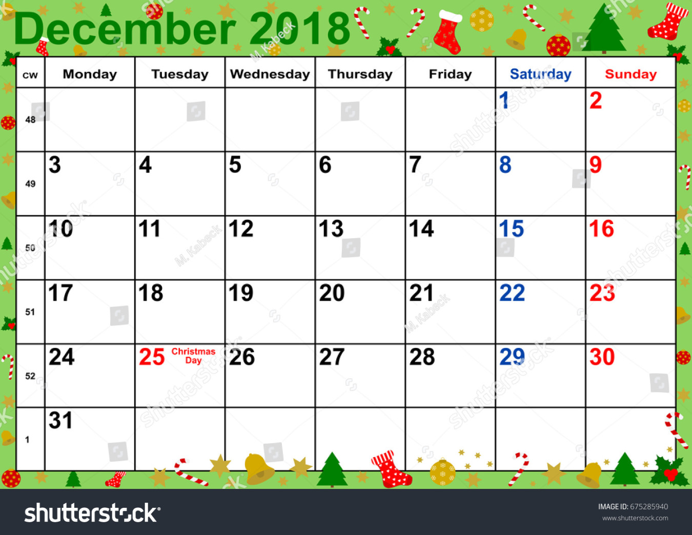 Calendar  Month December Public Holidays Stock Vector (Royalty