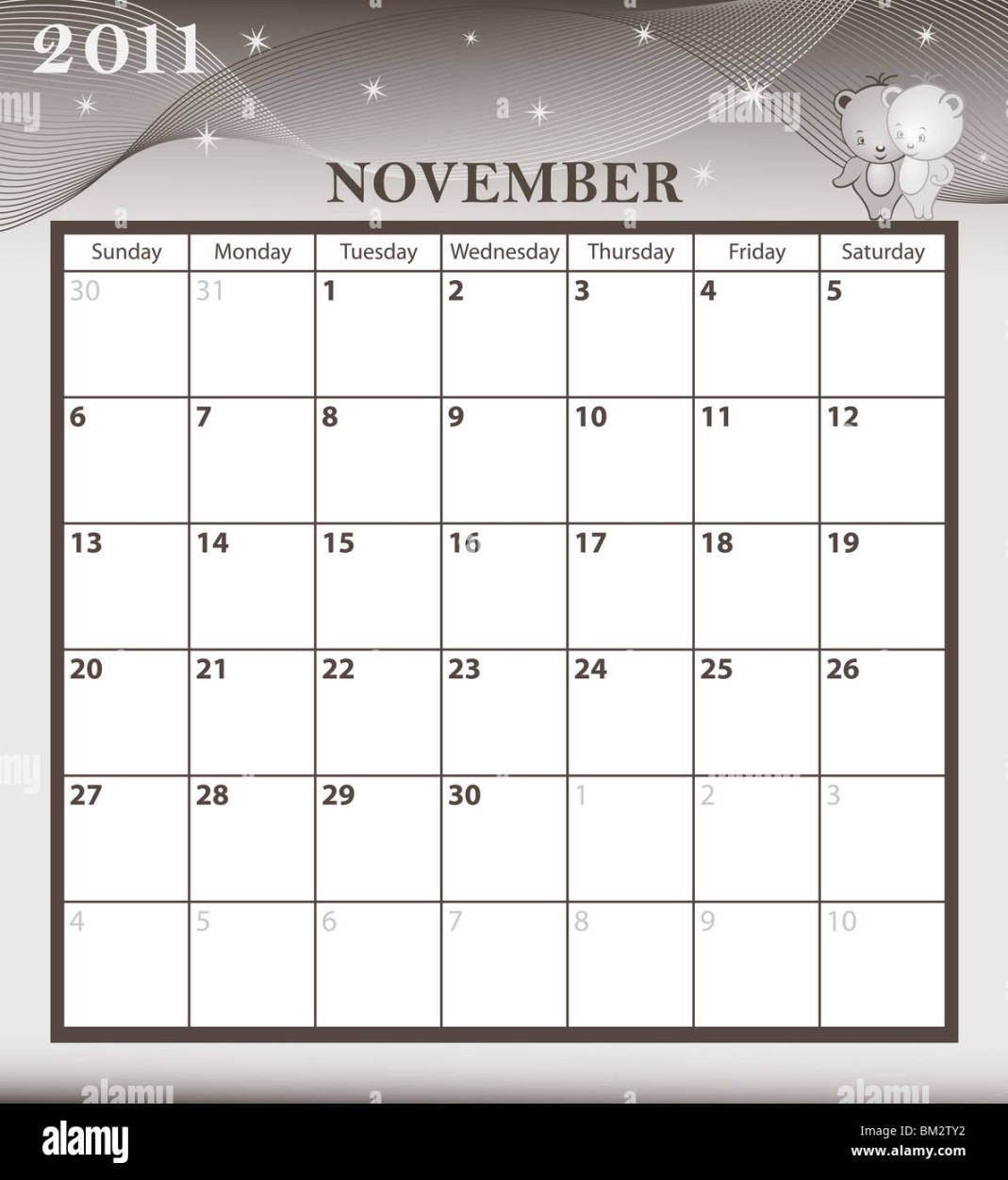 Calendar  November month with large date boxes