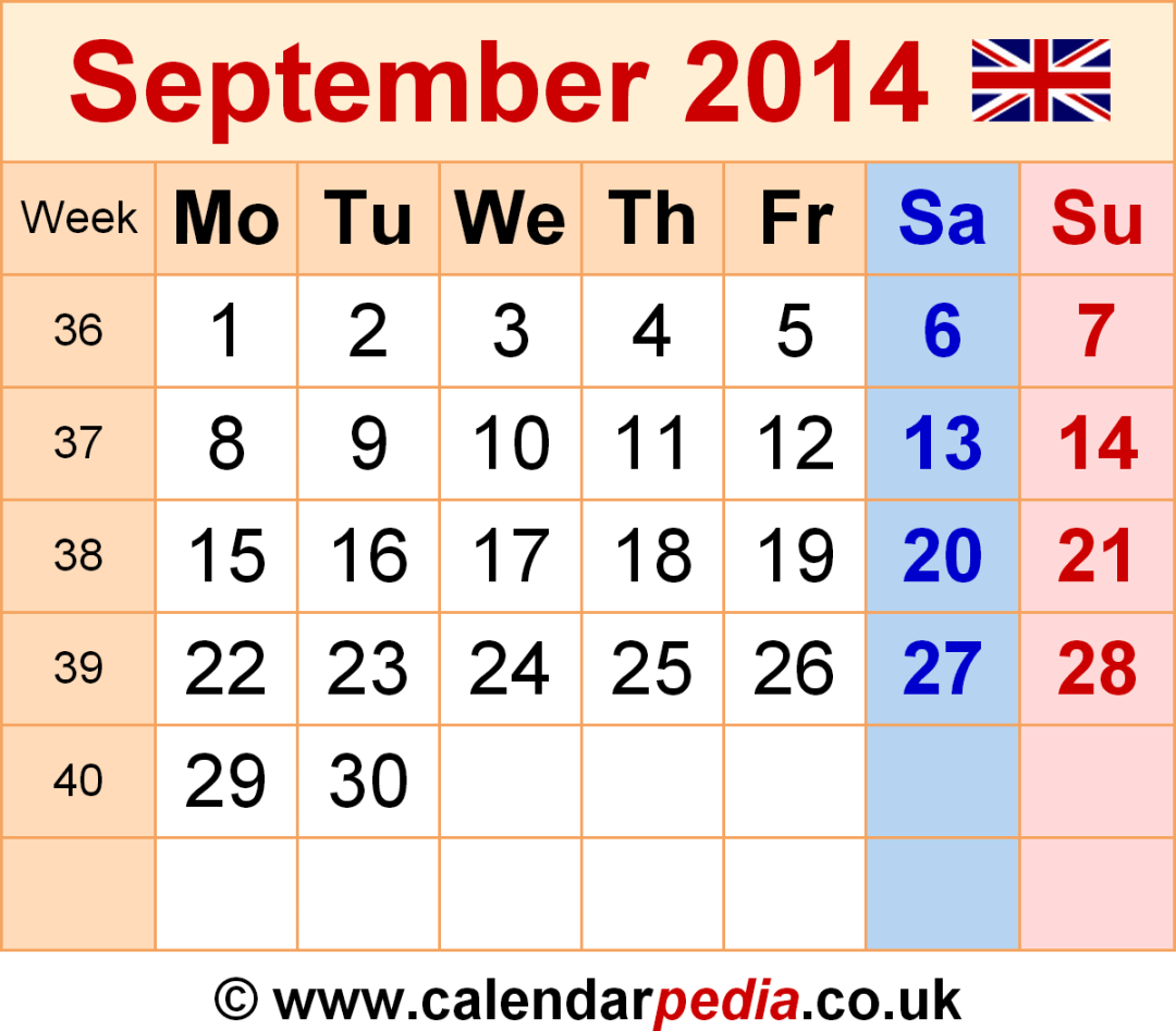 Calendar September  UK with Excel, Word and PDF templates