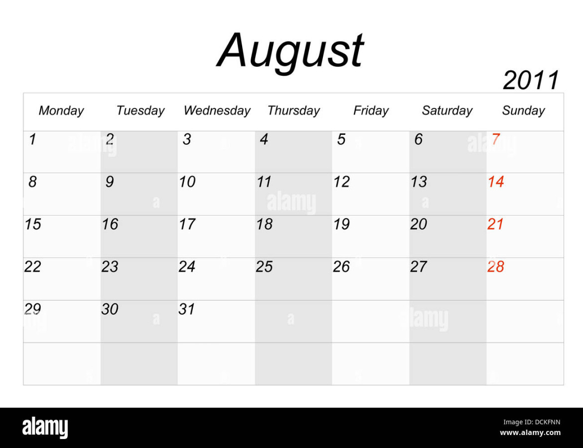 calendar, the month of August Stock Photo - Alamy
