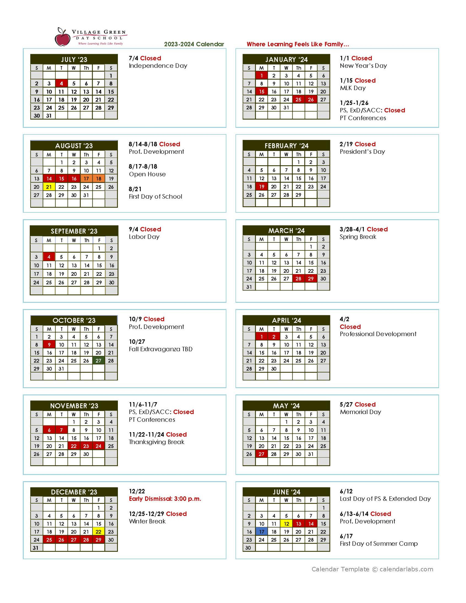 Calendar - Village Green Day Schools, NOVA - Great Falls, VA