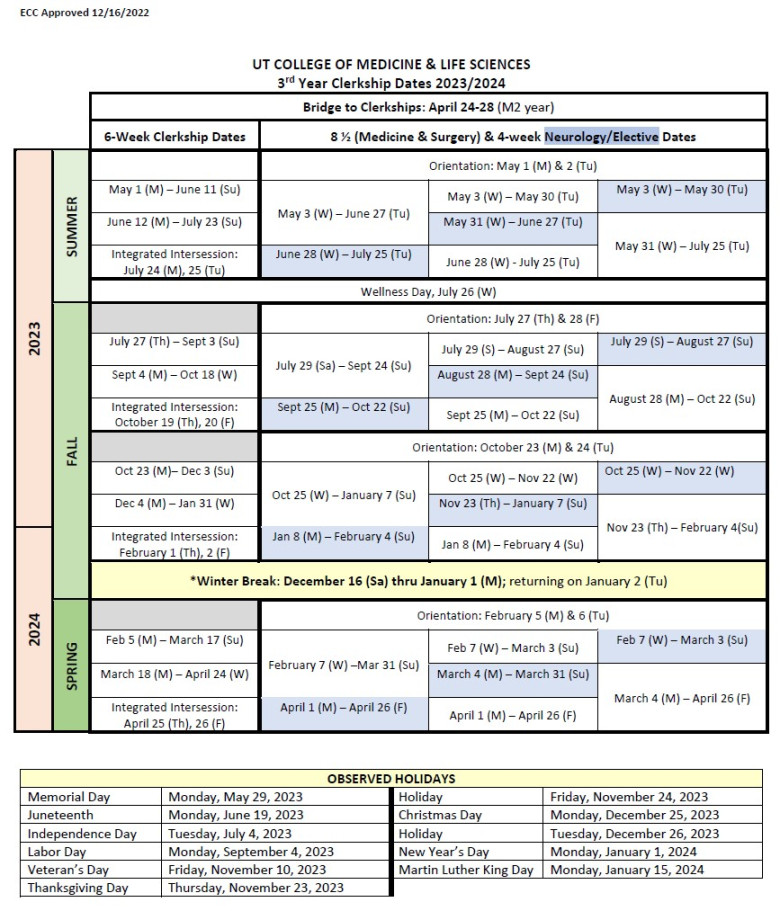 - Clerkship Dates and Holiday Schedule