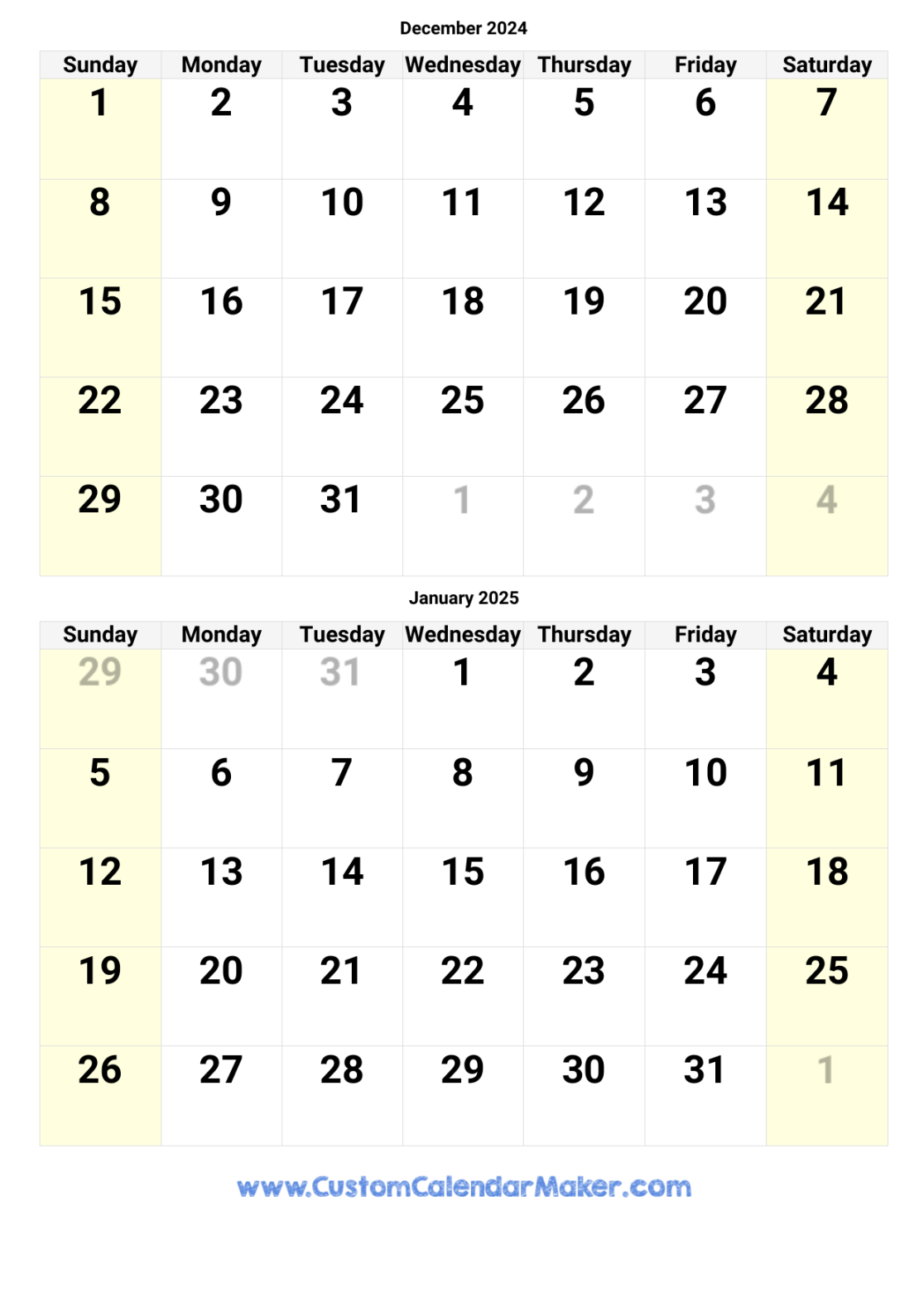 December  and January  Printable Calendar Template