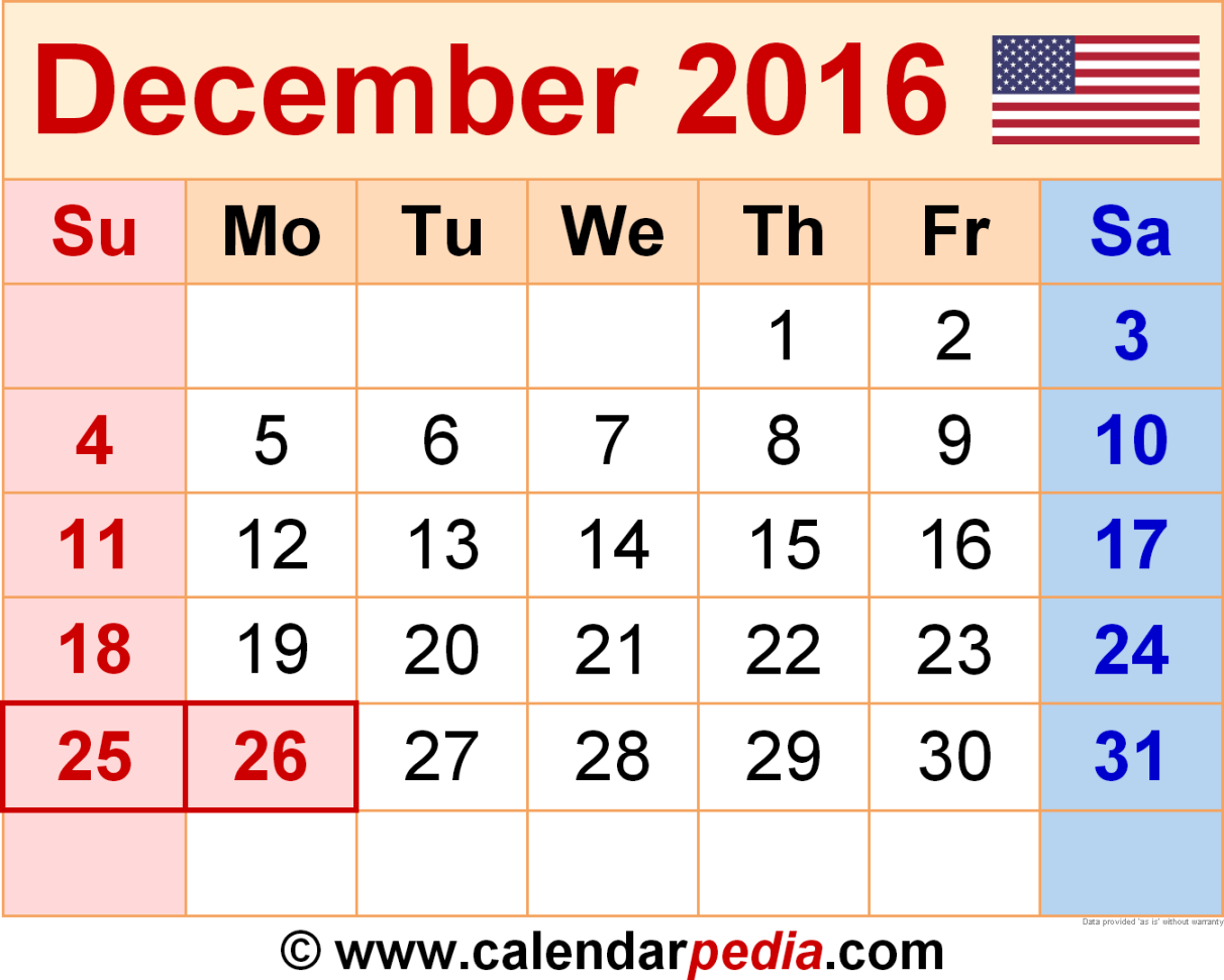 December  Calendar  Templates for Word, Excel and PDF