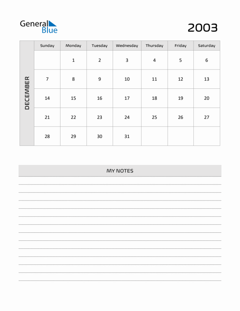 December  Printable Monthly Calendar with Notes