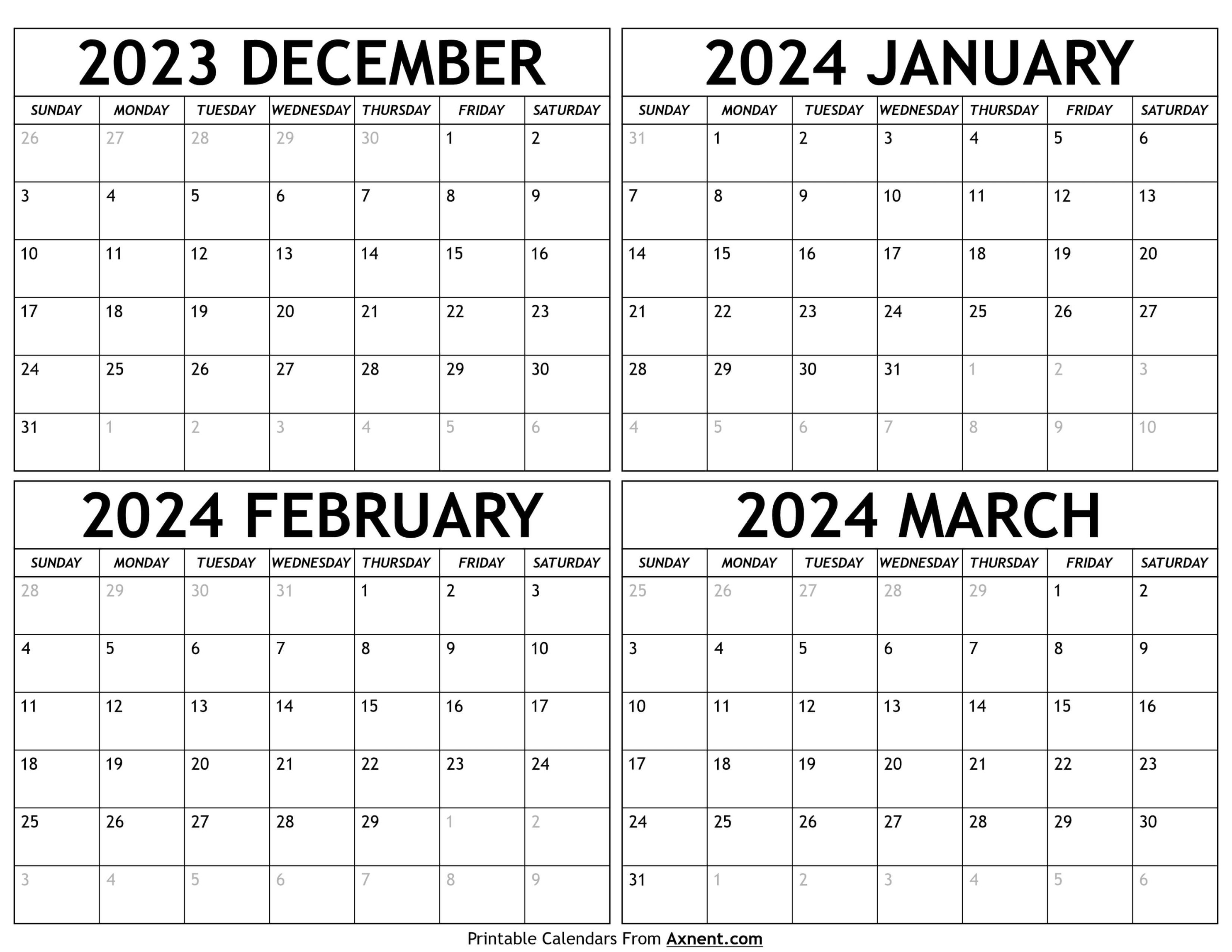 December  To March  Calendar Template - Four Months