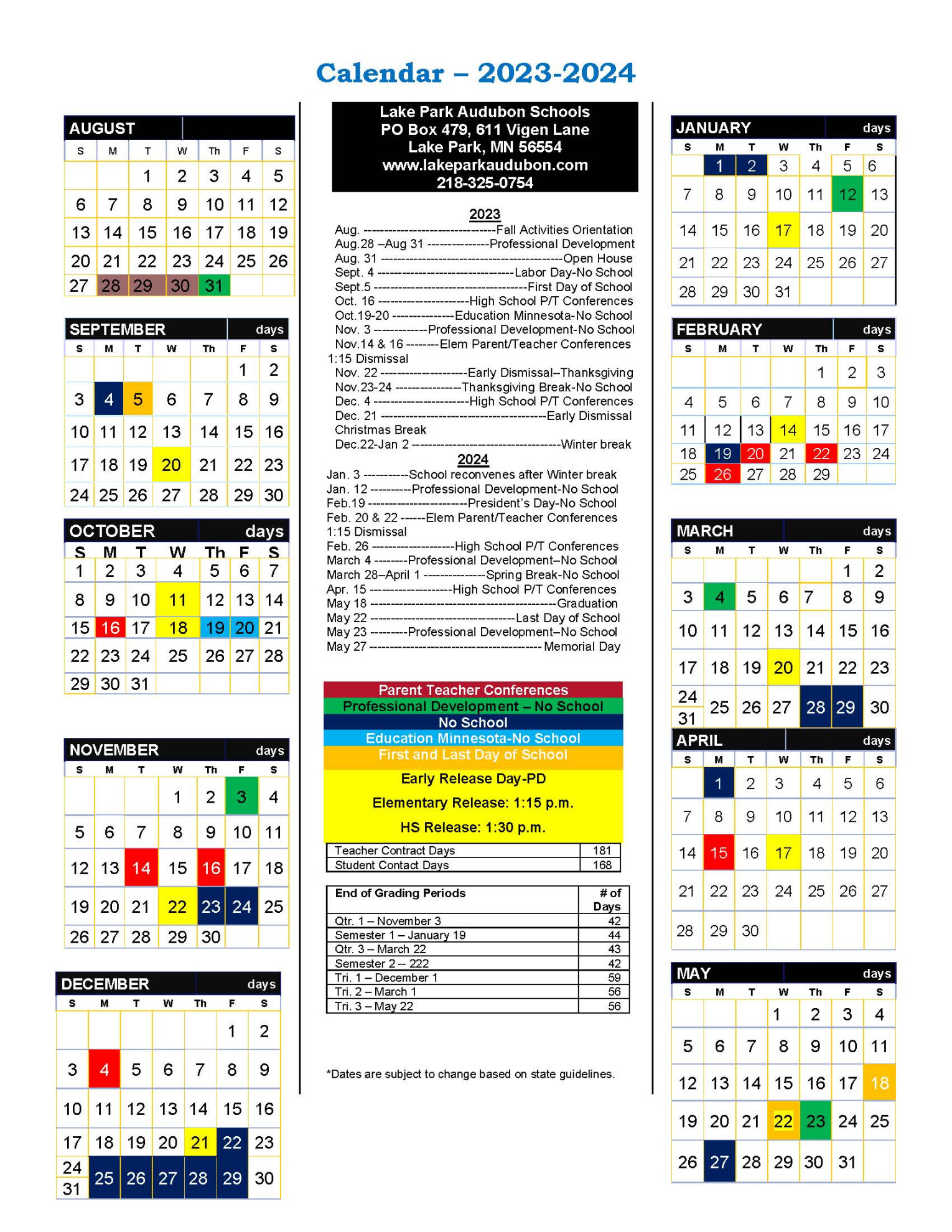 District Calendar  Lake Park Audubon Independent School District