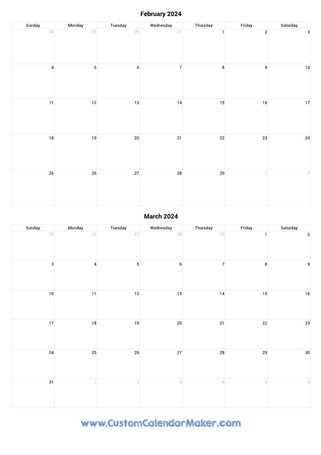 February and March  Calendar
