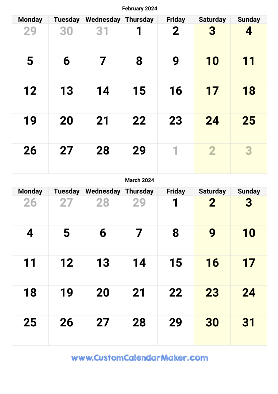 February and March  Calendar