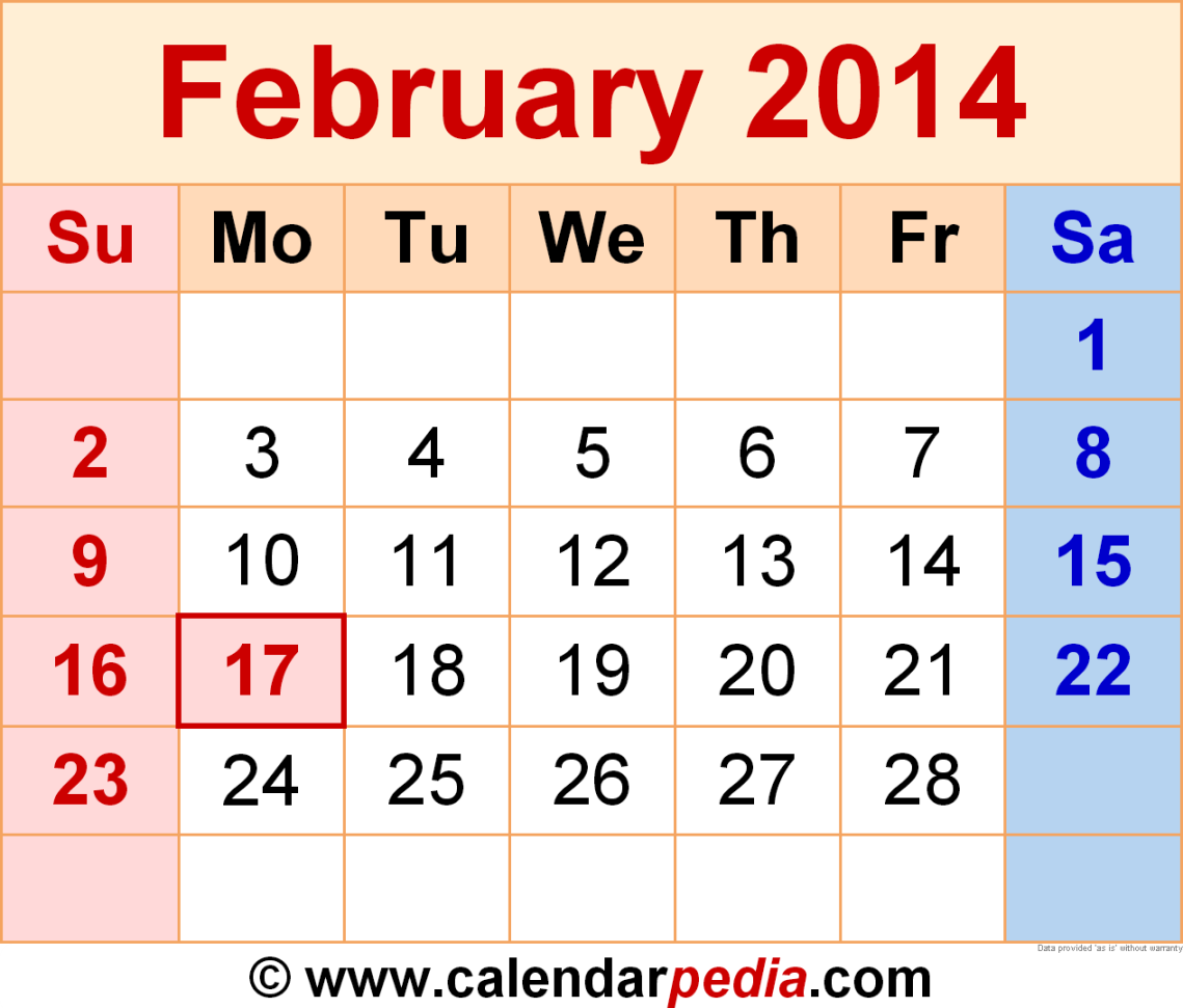 February  Calendar  Templates for Word, Excel and PDF