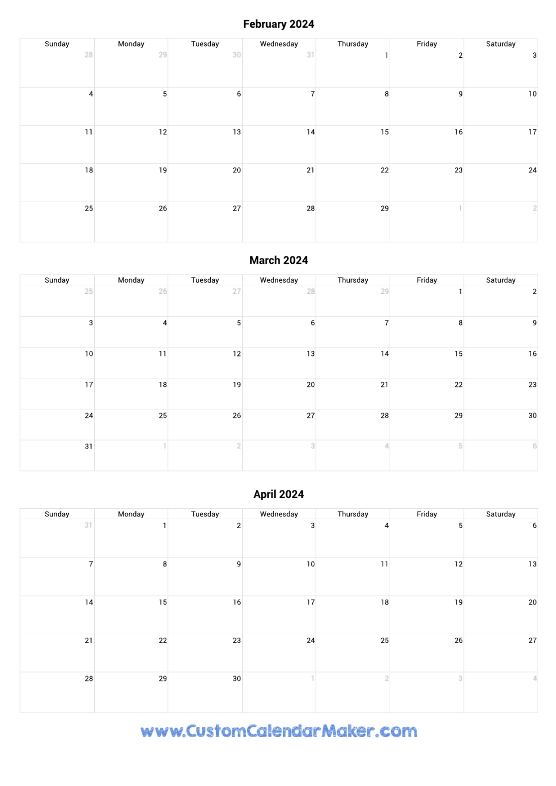 February to April  Calendar Printable