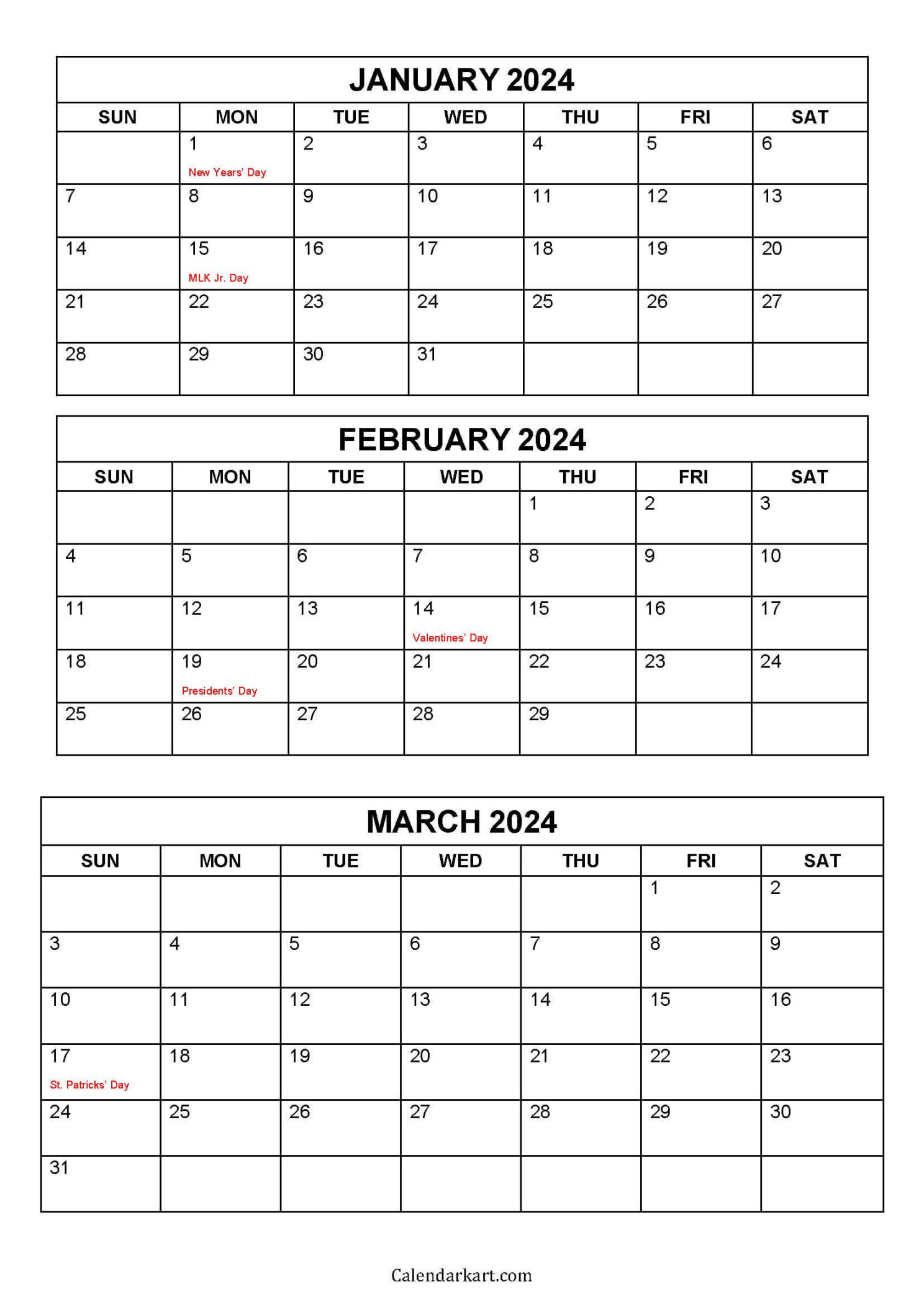 Free Printable January to March  Calendar - CalendarKart