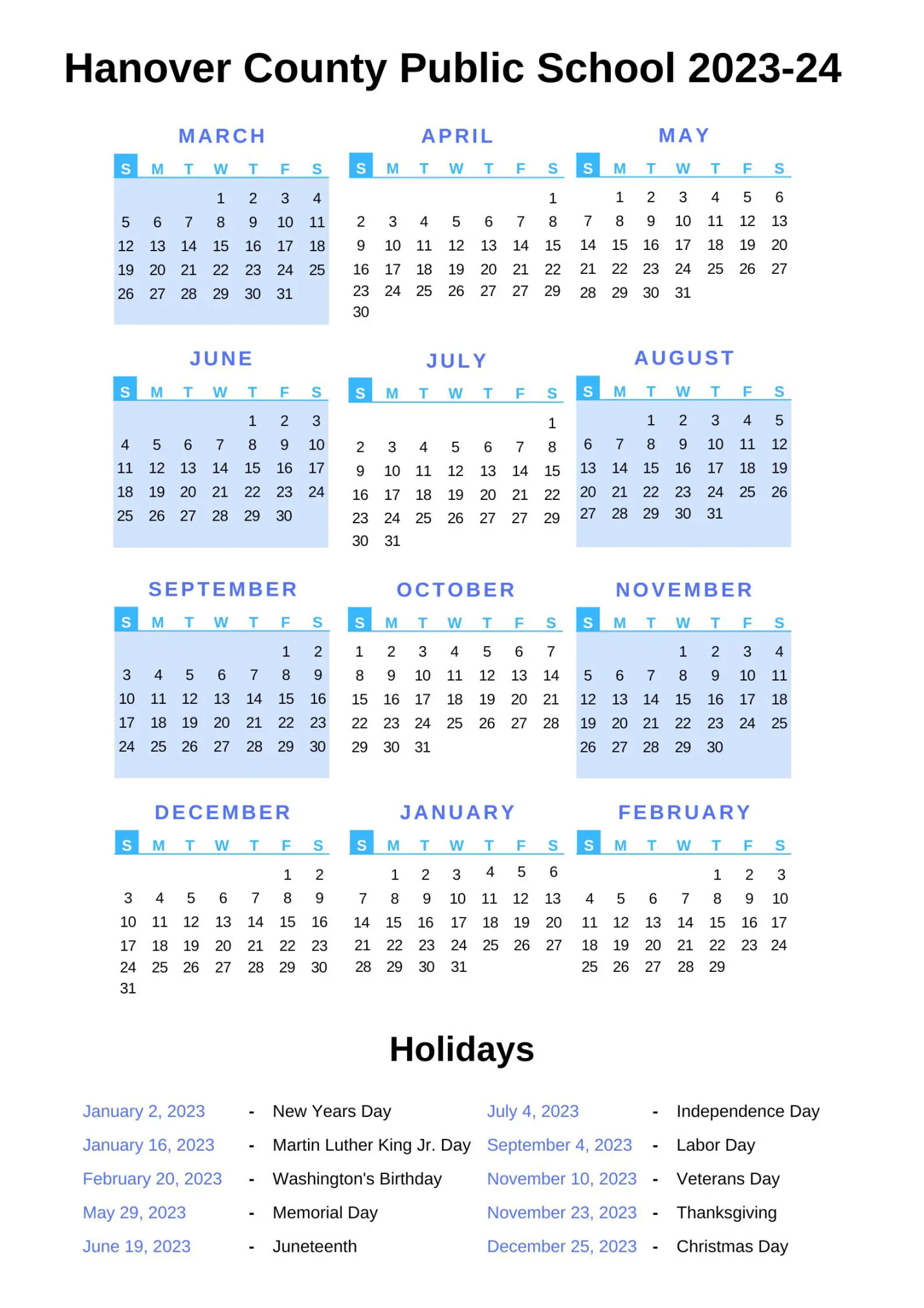 Hanover County Public Schools Calendar - With Holidays