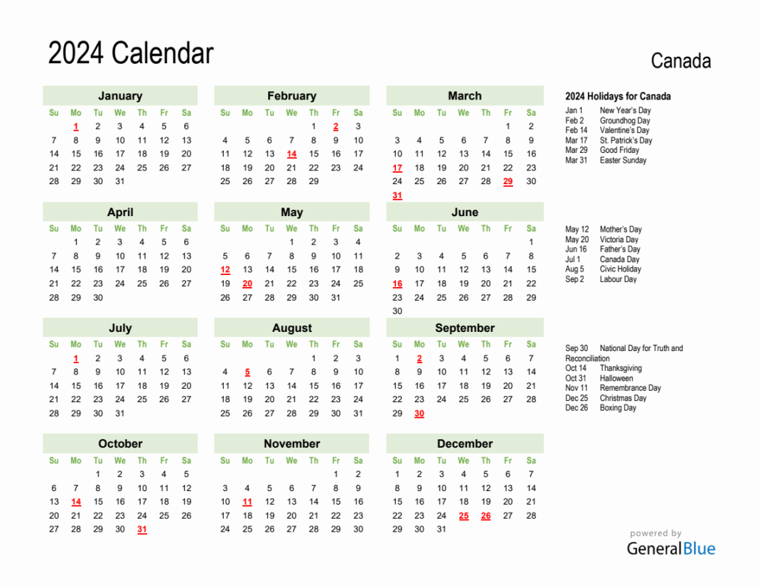 Holiday Calendar  for Canada (Sunday Start)