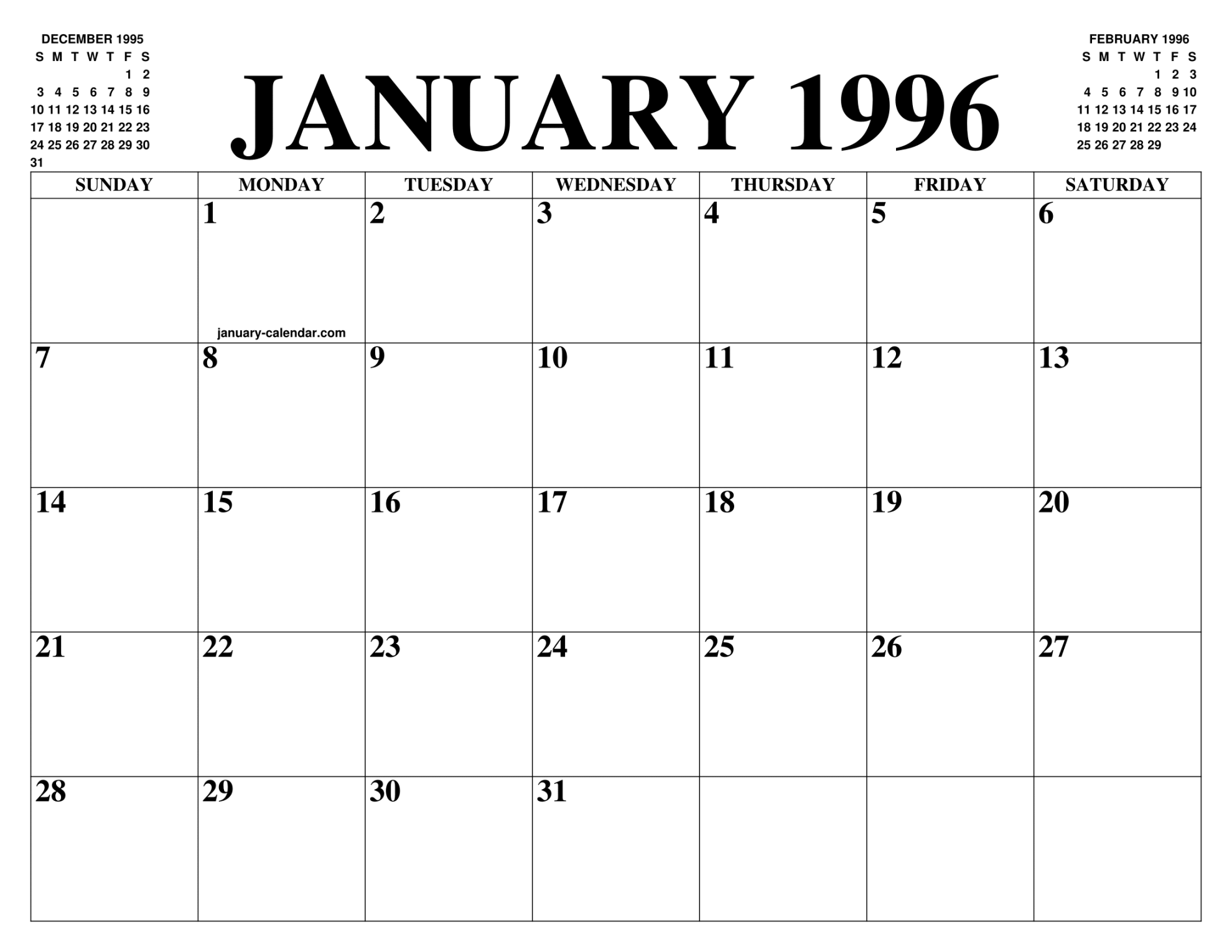 JANUARY  CALENDAR OF THE MONTH: FREE PRINTABLE JANUARY