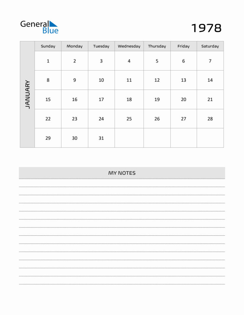 January  Printable Monthly Calendar with Notes