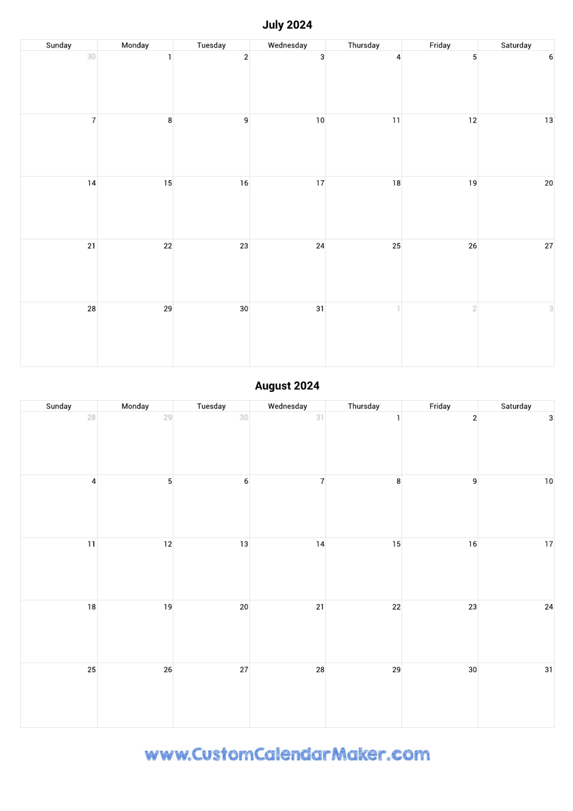 July and August  Printable Calendar Template