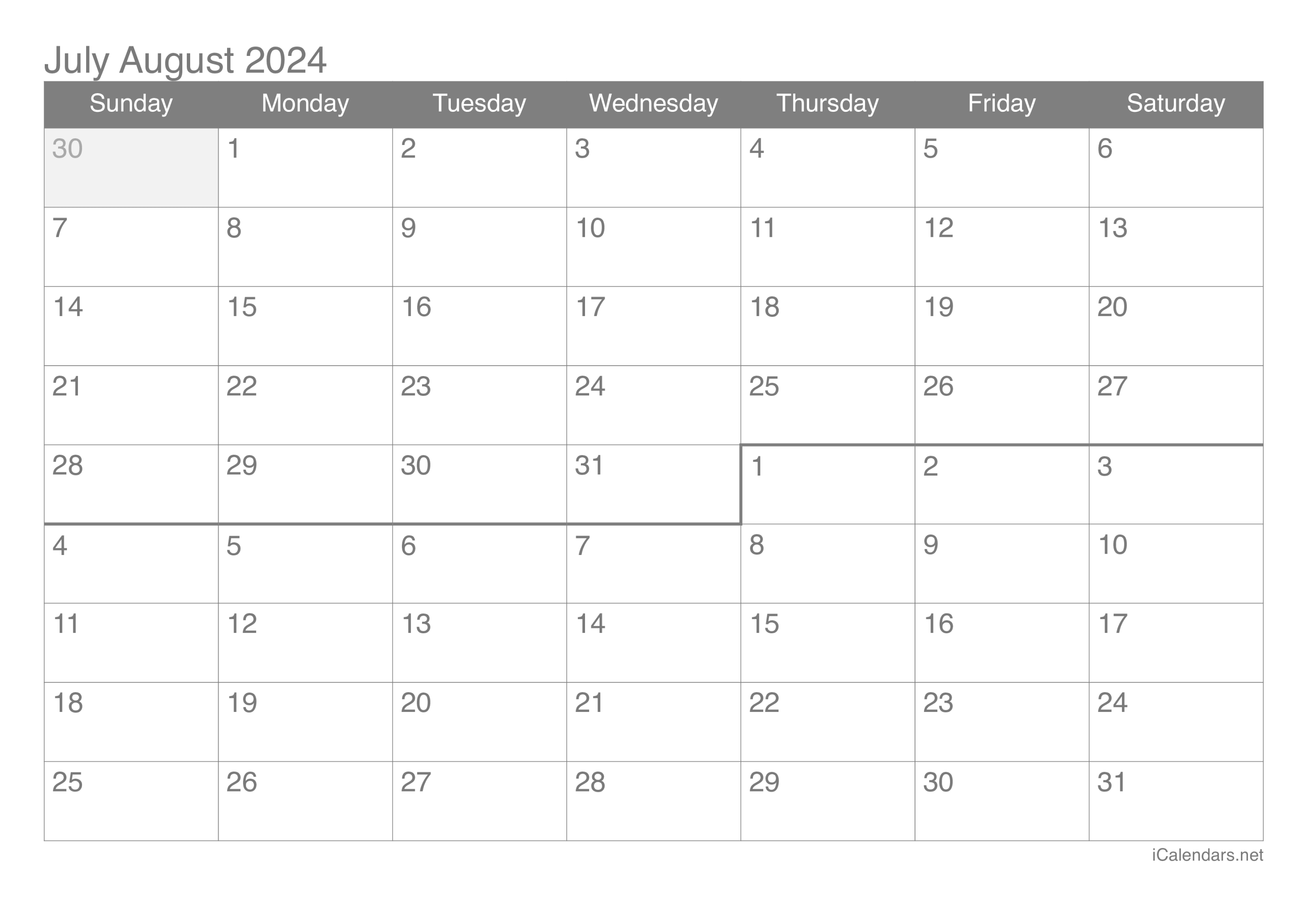 July and August  Printable Calendar