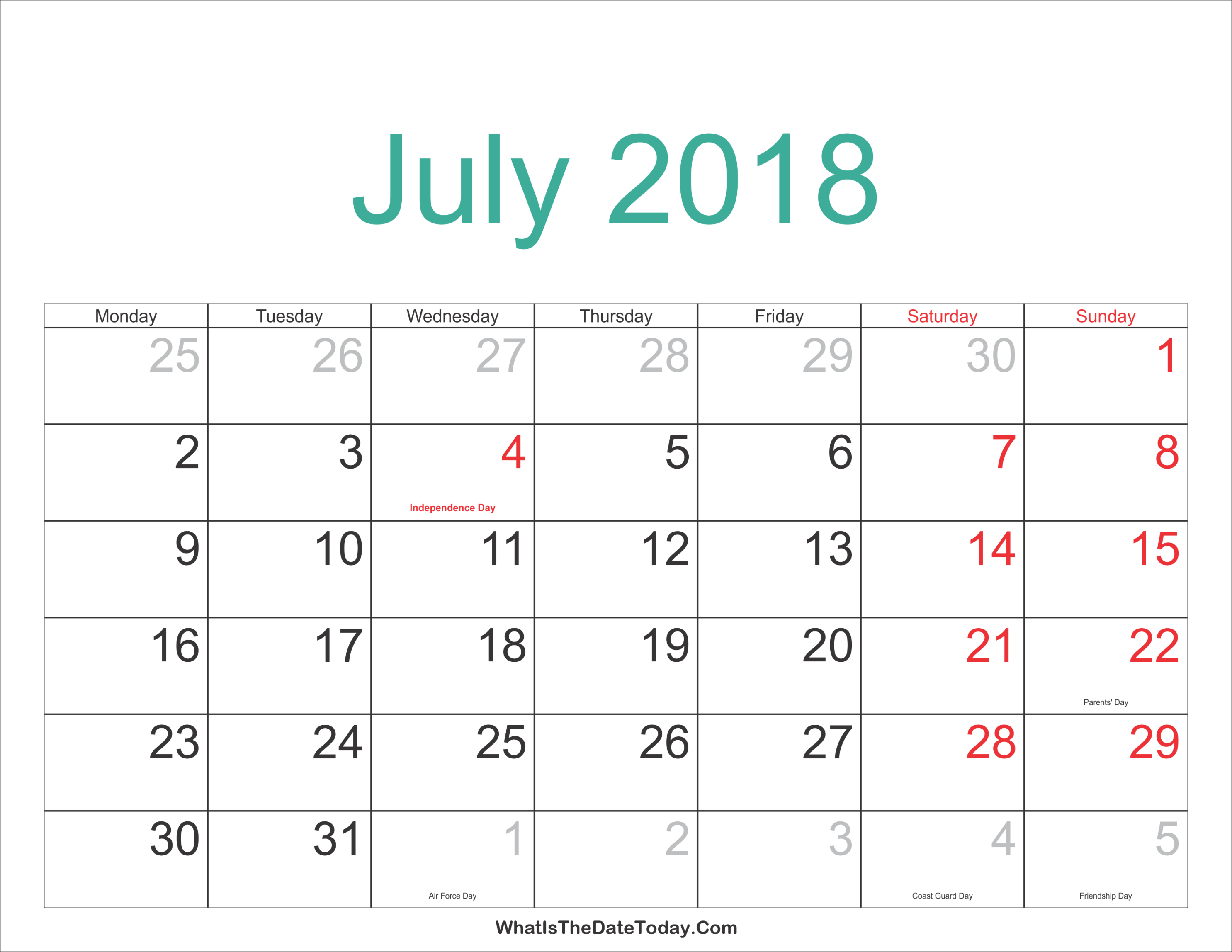 July  Calendar Printable with Holidays  Calendar march