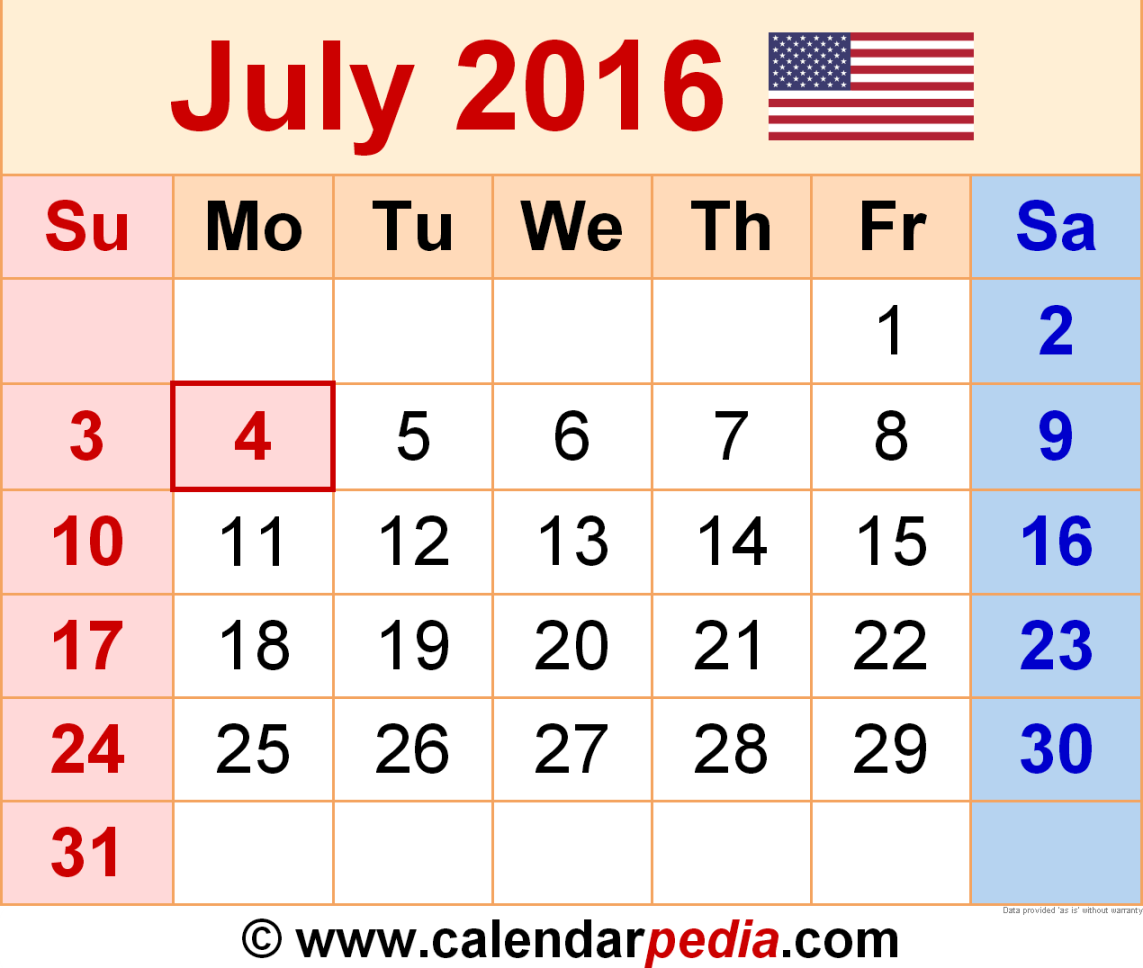 July  Calendar  Templates for Word, Excel and PDF
