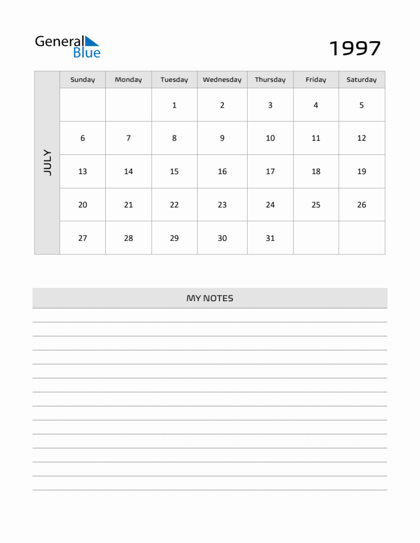 July  Printable Monthly Calendar with Notes