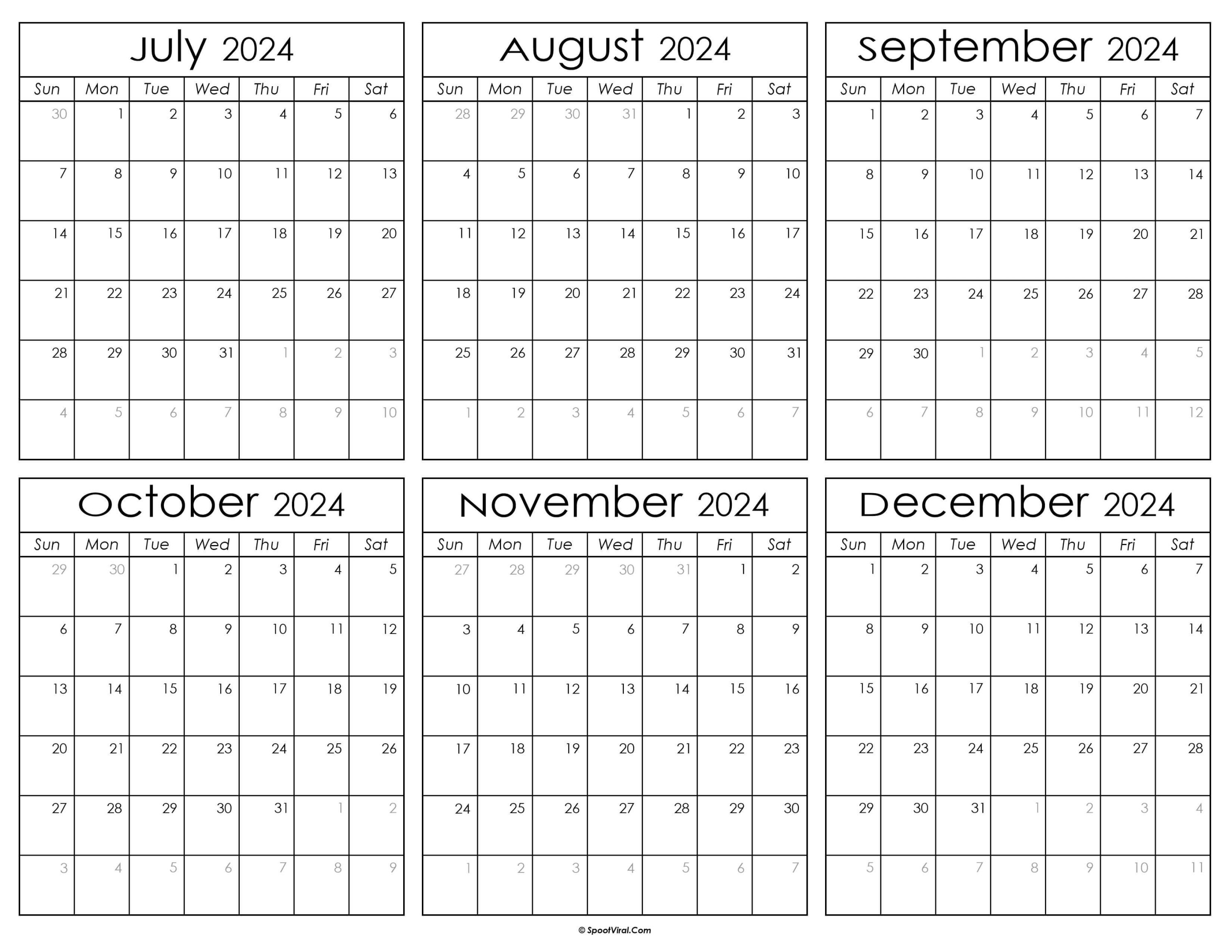 July to December  Calendar Templates