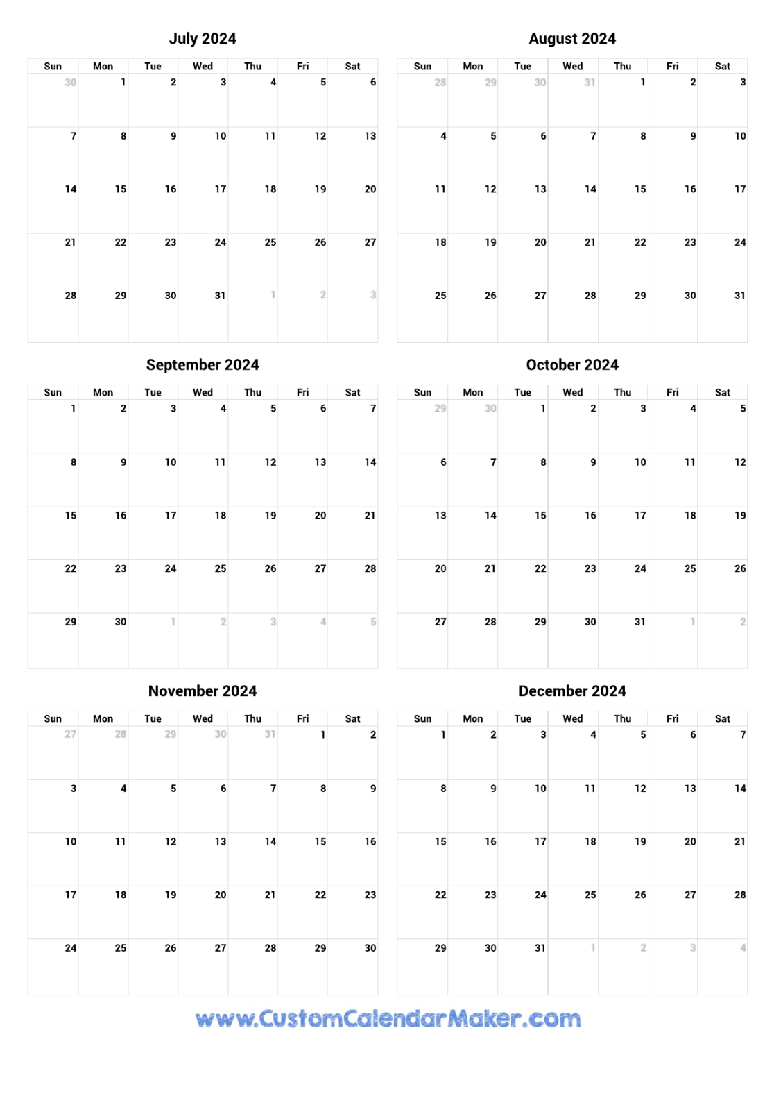 July to December  Printable Calendar