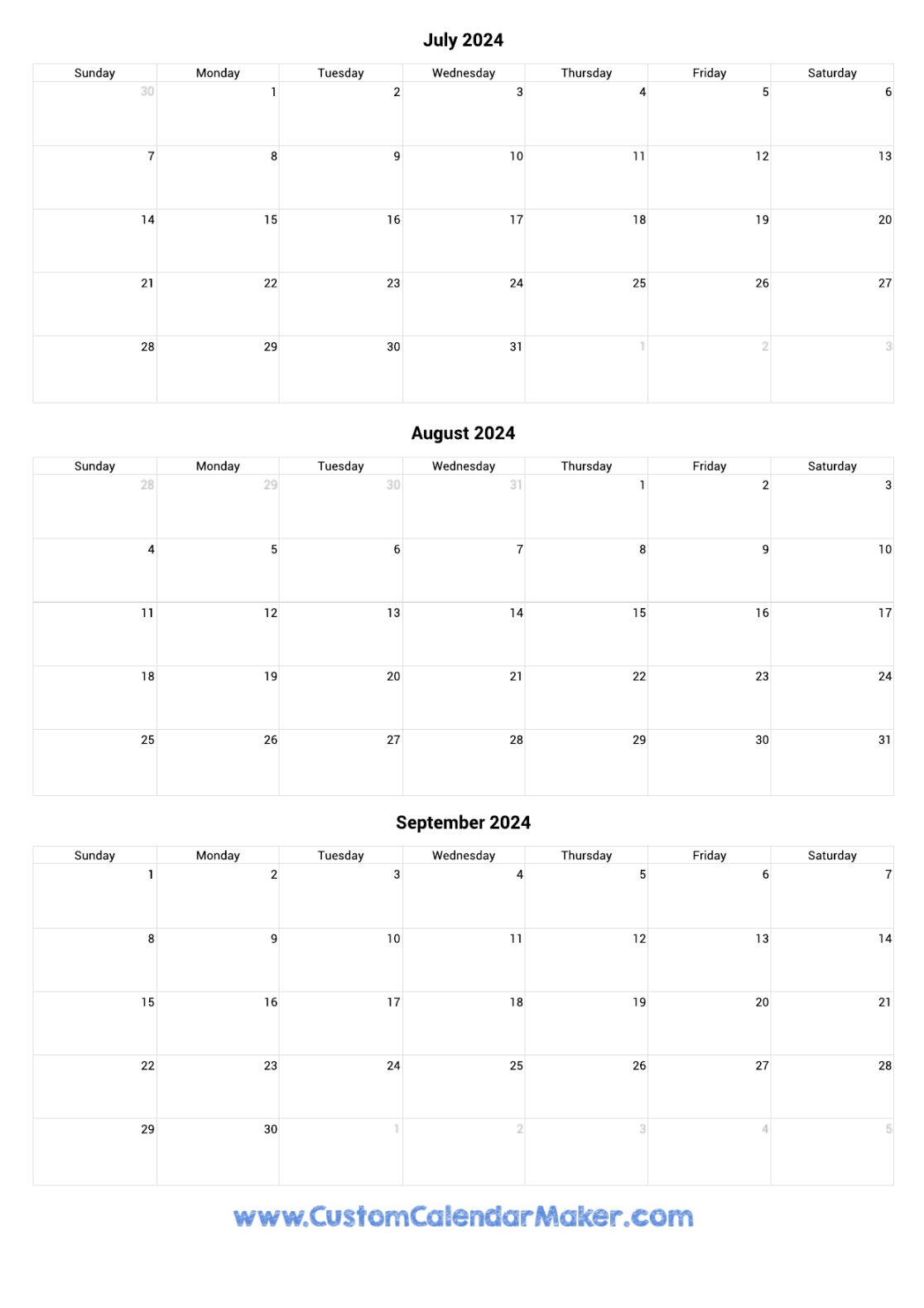 July to September  Calendar Printable