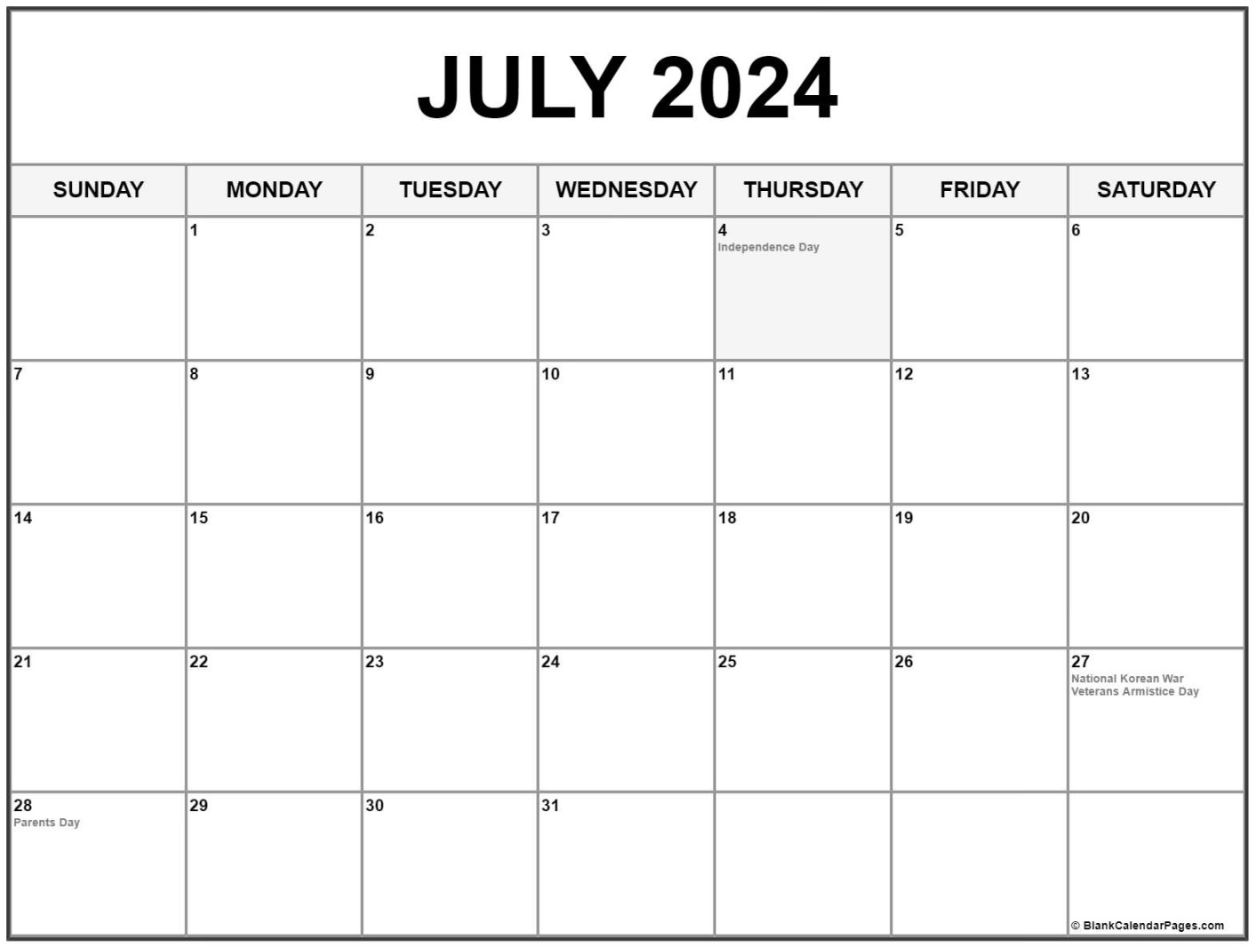 July  with holidays calendar
